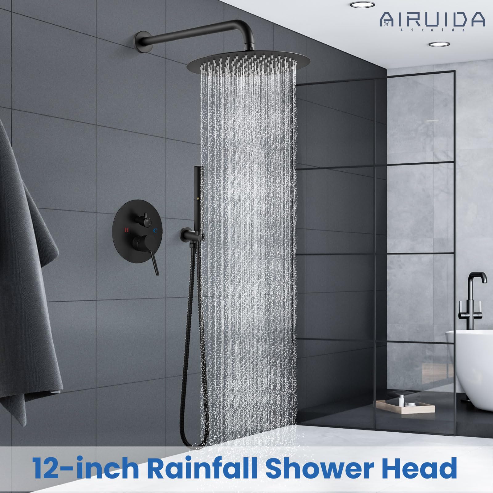 Airuida 2-Function Wall Mounted Shower Faucet Set - High Pressure Brass Handheld Shower with Rough-in Valve & 12 Inch Rainfall Shower Head in Matte Black - Perfect for Modern Bathroom Renovation & Spa-Like Shower Experience