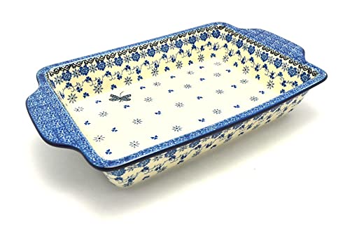 Polish Pottery Rectangular Baker with Tab Handles - 7 Cup Capacity - Handmade Dragonfly Design - Perfect for Casseroles, Baking & Serving Dishes