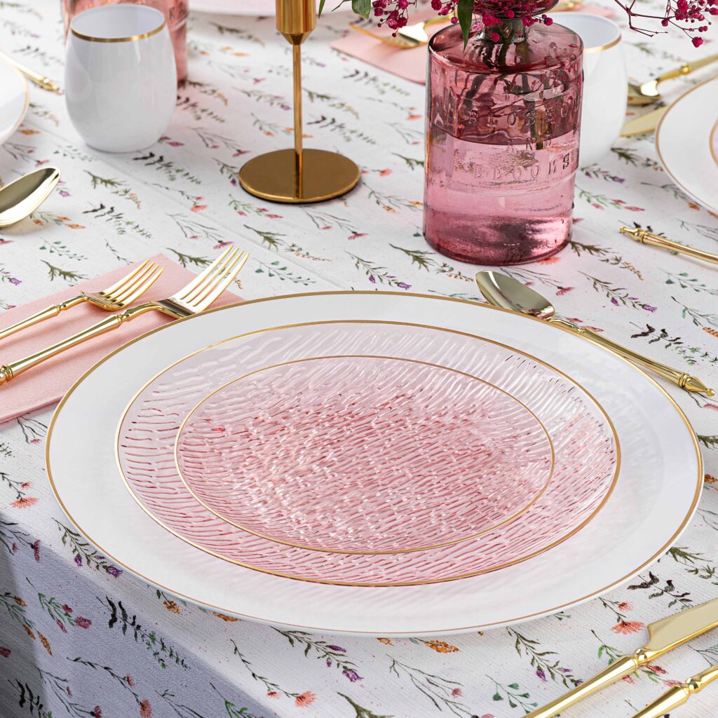 24-Pack Transparent Pink & Gold Rim Round Plastic Dinnerware Set - 12-Piece Service for 12 Guests - Shatterproof Party Plates, Cups & Bowls - Perfect for Weddings, Birthdays & Outdoor Events