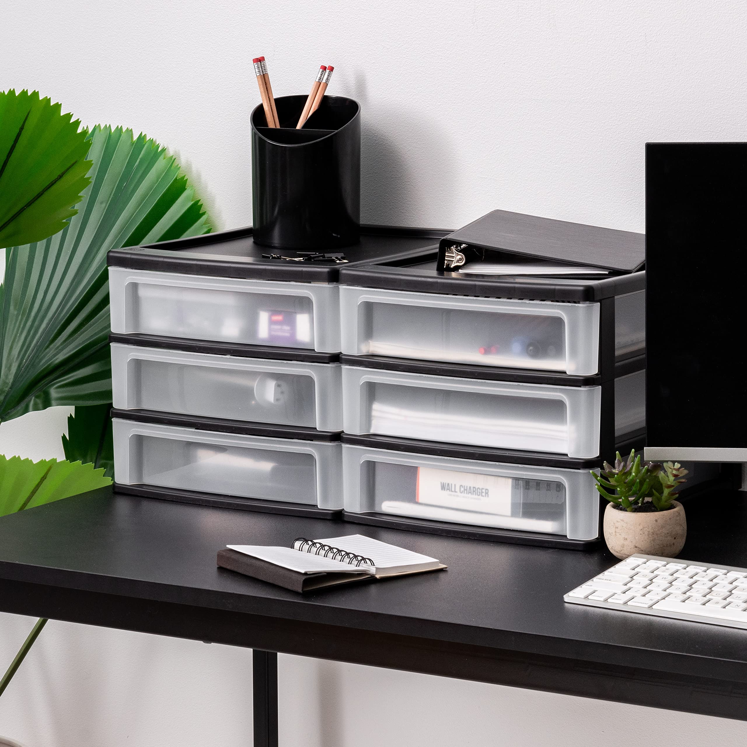 IRIS USA 3-Drawer Plastic Stacking Desk Organizer, 2-Pack - Black Medium Storage Bins for Makeup, Nail Polish, Office Supplies, Crafts & Small Items | Perfect for Vanity, Bathroom, Kitchen, Garage & Home Organization