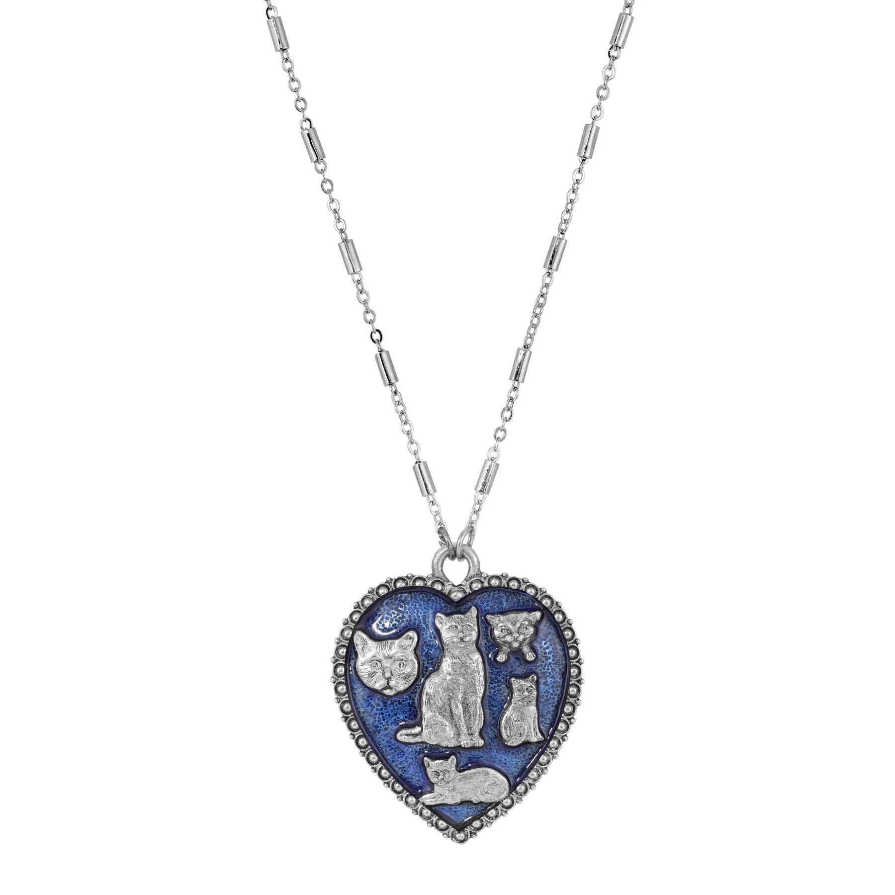 Vintage 1928 Blue Enamel Cat Heart Pendant Necklace - 28 Inch Chain - Perfect for Cat Lovers, Gift Giving & Special Occasions