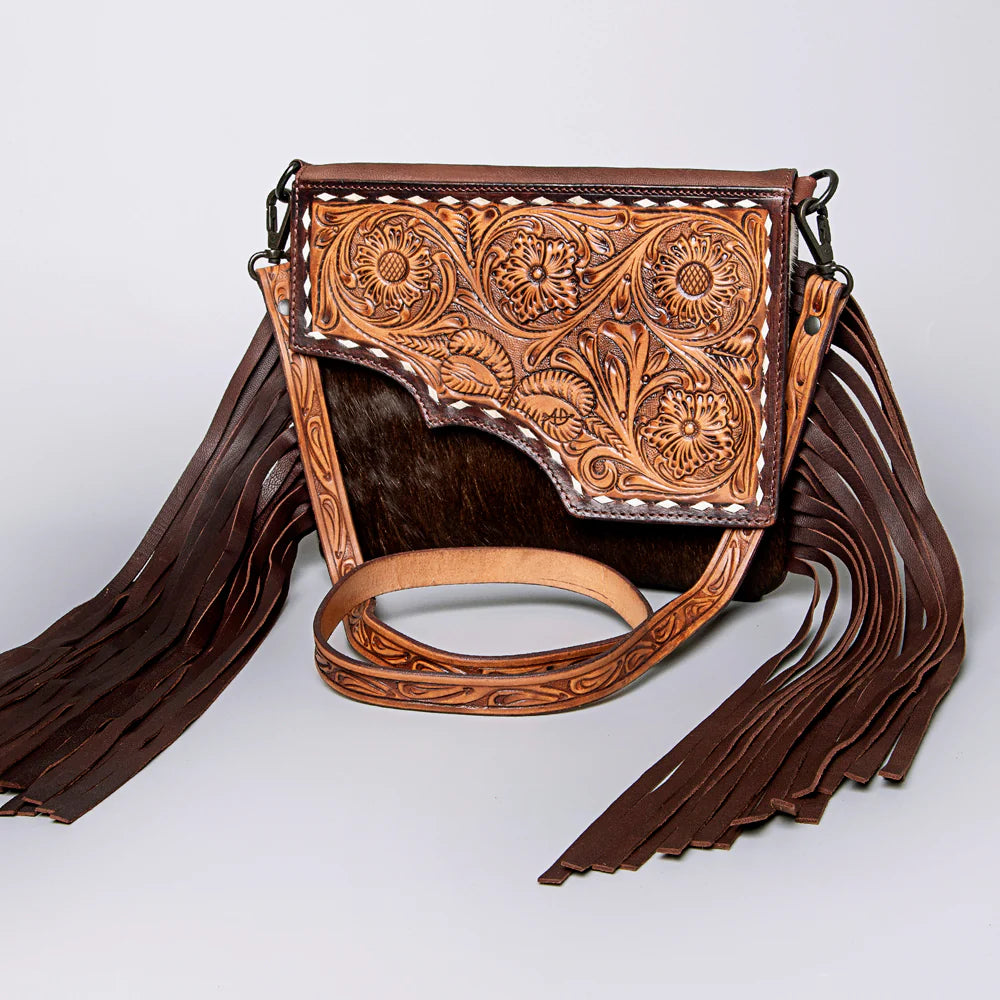 American Darling Genuine Leather Fringe Tooled Crossbody Purse for Women - Boho Chic Handbag for Casual Outings, Music Festivals & Date Nights
