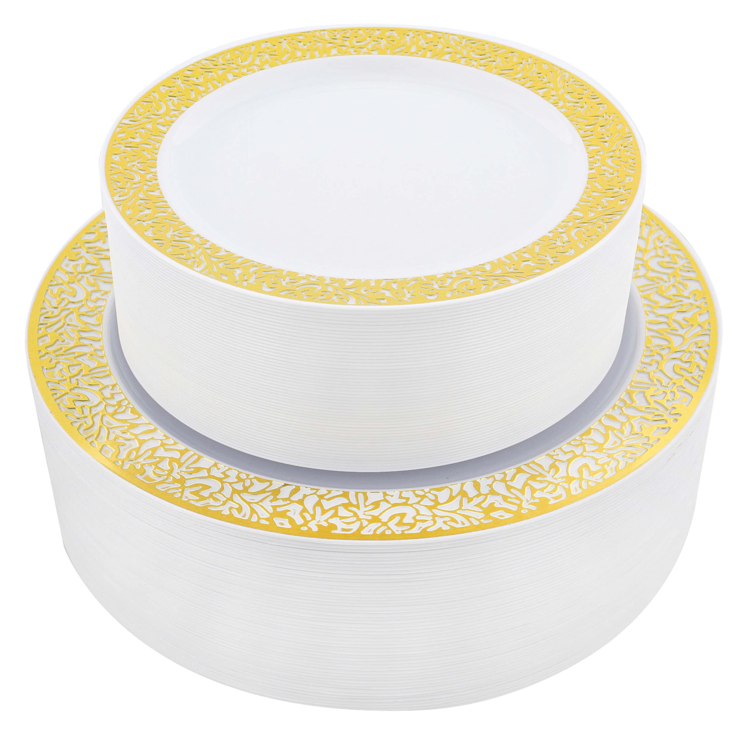 102-Piece Disposable Plastic Plates Set - 7.5in & 10.25in Gold Lace Trimmed Dinnerware for Parties, Picnics & Events | BPA-Free Elegant Plastic Plates for Weddings, Birthdays & Catering
