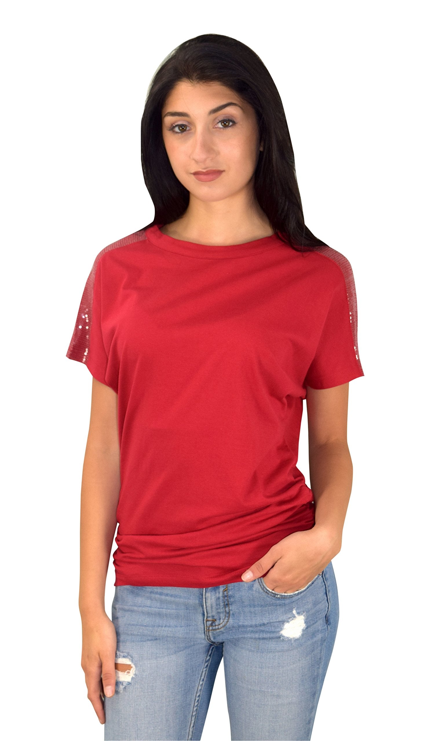 Women's Elegant Cotton Boat Neck Dolman Top with Shirring Drape & Sequin Shoulder Detail - Perfect for Casual Wear, Parties & Evening Outfits