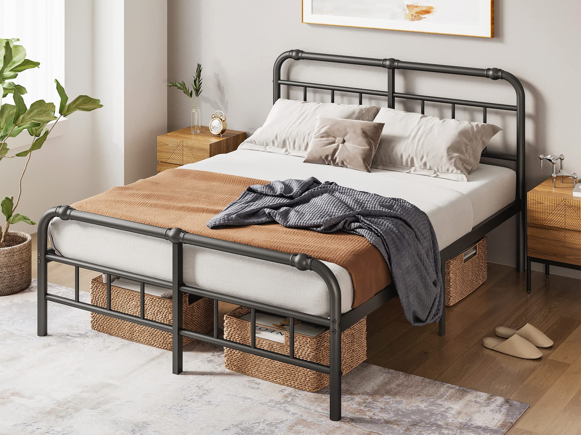 FSCHOS 14 Inch High Queen Size Metal Platform Bed Frame with Headboard & Footboard - Heavy Duty Steel Frame, No Box Spring Needed, Easy Assembly, Black - Perfect for Modern Bedrooms, Guest Rooms & Dormitories