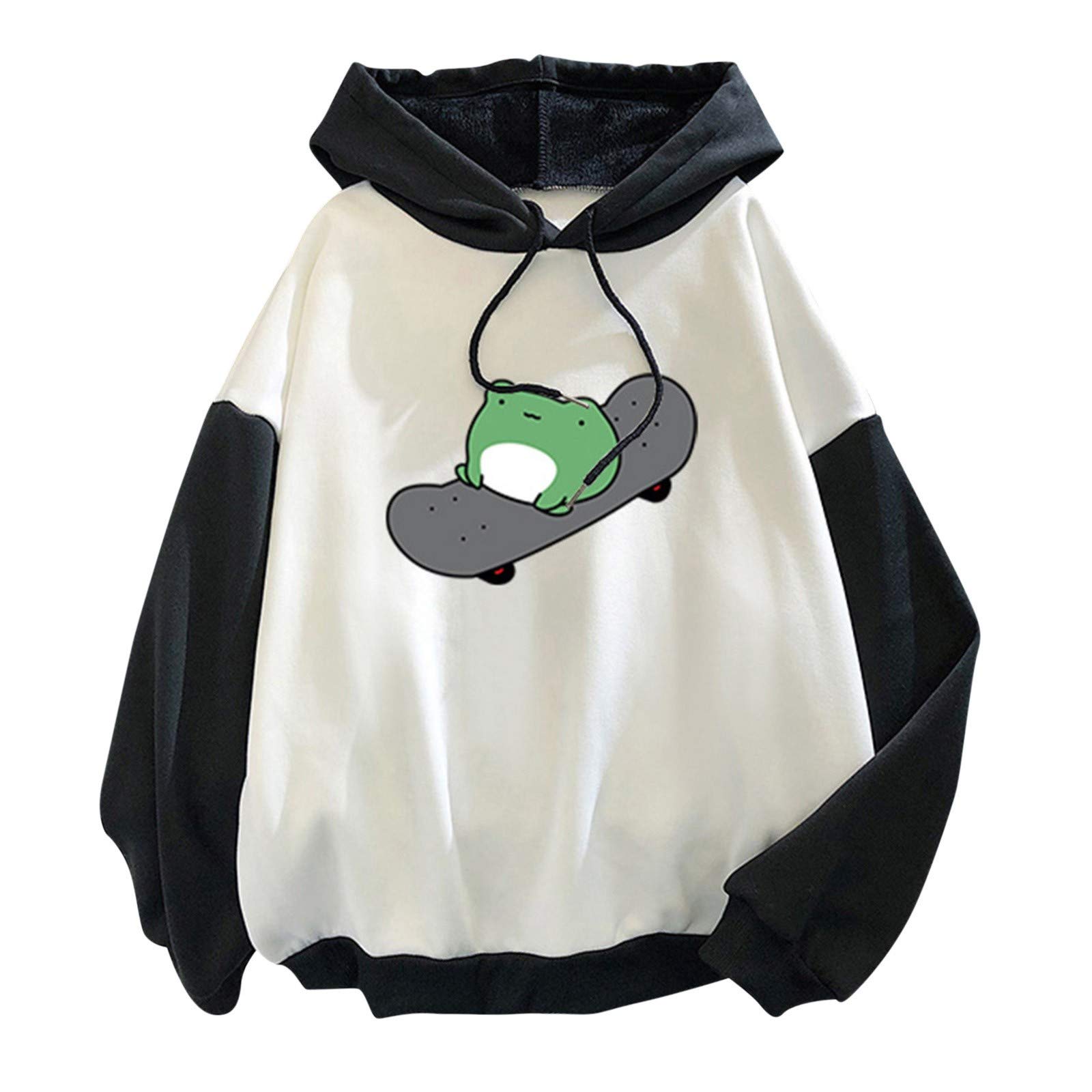 COOKI Women's Colorblock Skateboard Frog Printed Pullover Hoodie - Long Sleeve Casual Sweatshirt for Women | Perfect for Skateboarding, Streetwear Fashion & Everyday Comfort
