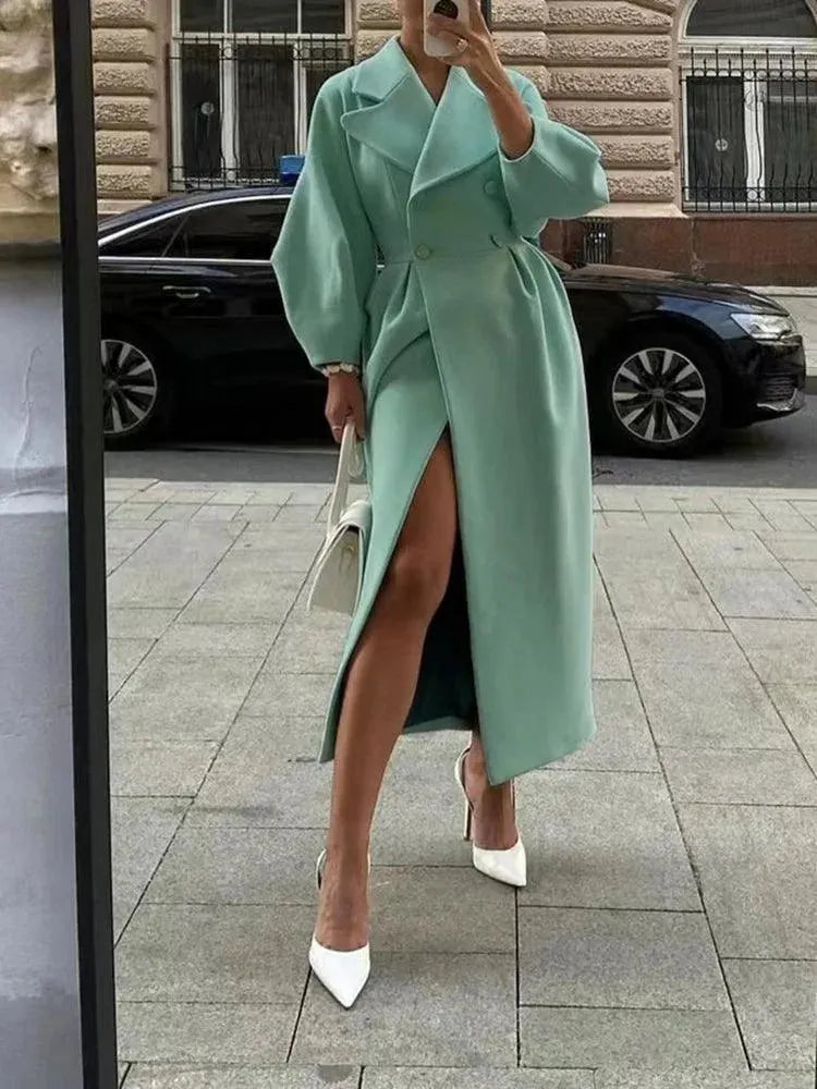 Women's Stylish Lantern Sleeve Overcoat - Elegant Long Trench Coat for Fall & Winter - Perfect for Office, Date Night & Special Occasions