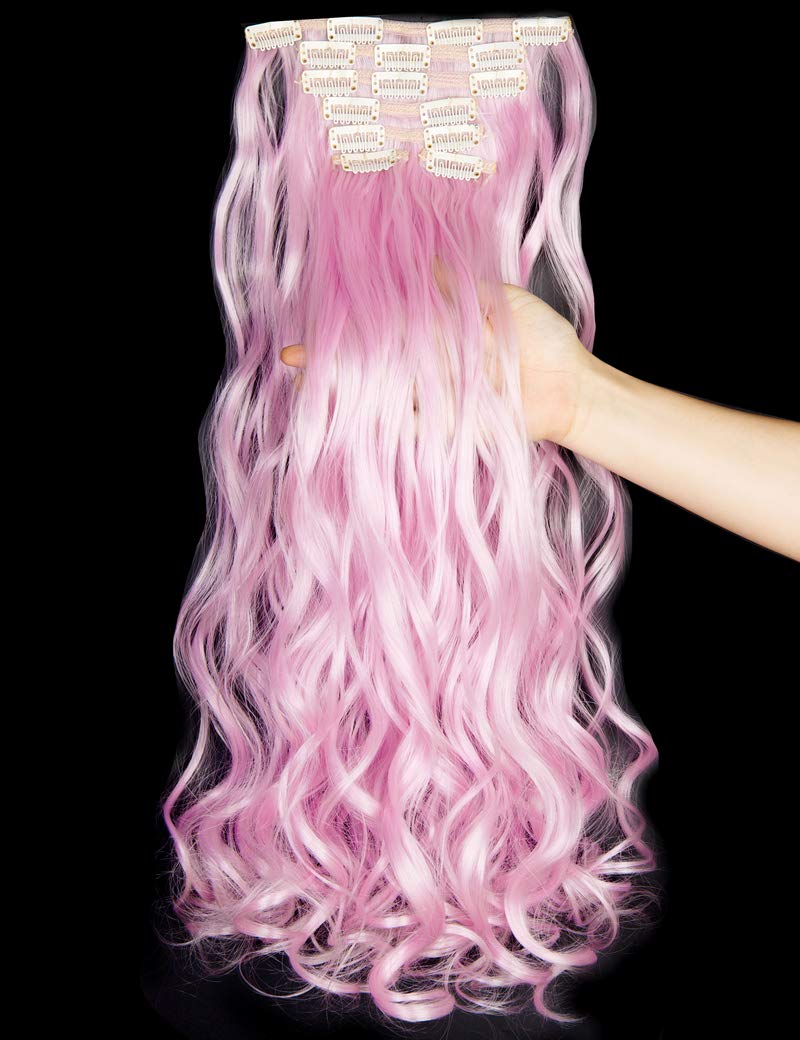 LELINTA 7Pcs 16 Clips 24 Inch Wavy Curly Clip-in Hair Extensions - Double Weft Full Head Human Hair - Light Pink for Volume & Length - Perfect for Parties, Weddings & Daily Styling