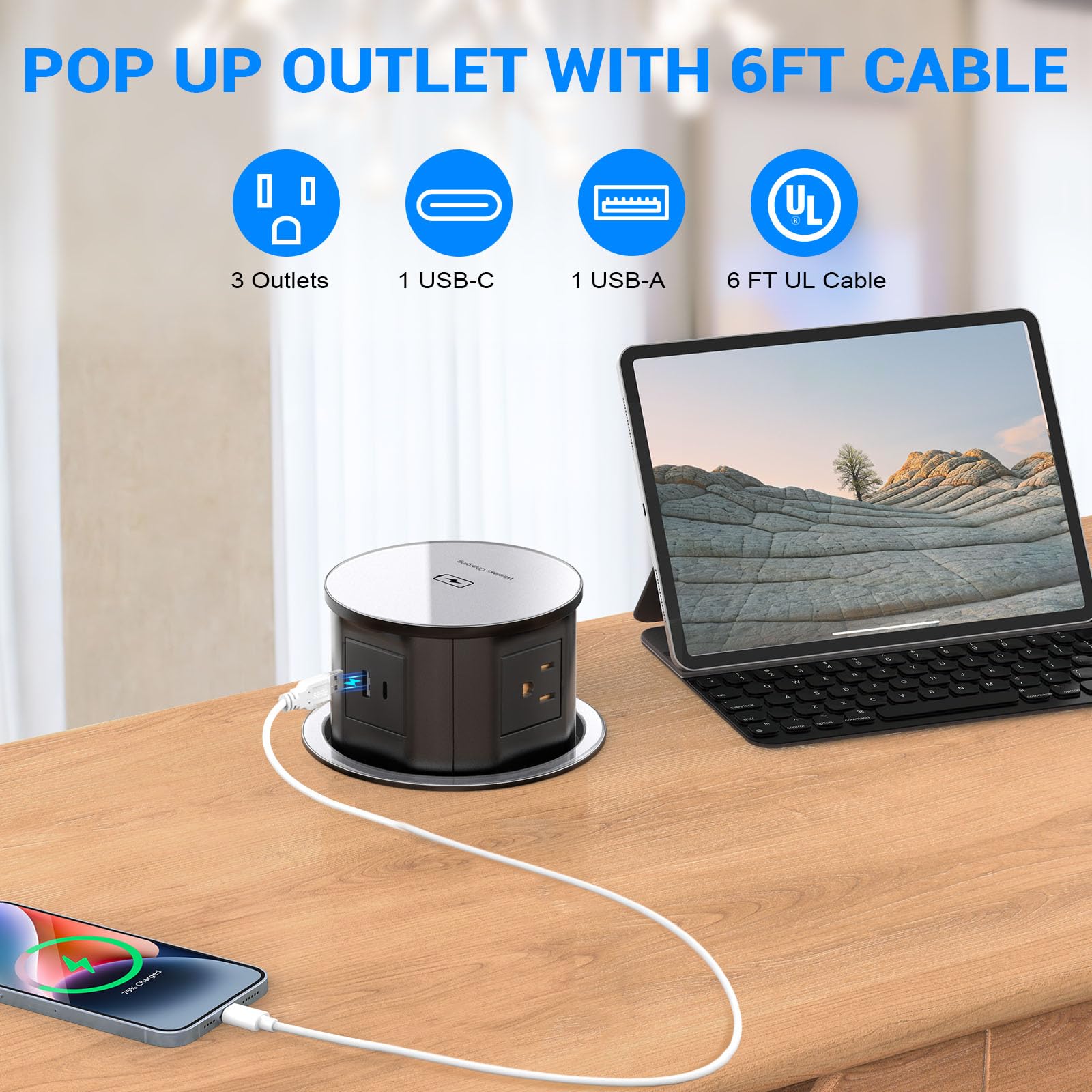 Pop Up Outlet with 15W Wireless Charger - 4 AC Outlets, 1 USB-A & 1 USB-C Port - Retractable Recessed Power Strip for Kitchen Countertop, Office Desk - 4.7 Inch Hidden Electrical Socket (Black) - Perfect for Charging Phones, Laptops & Small Appliances
