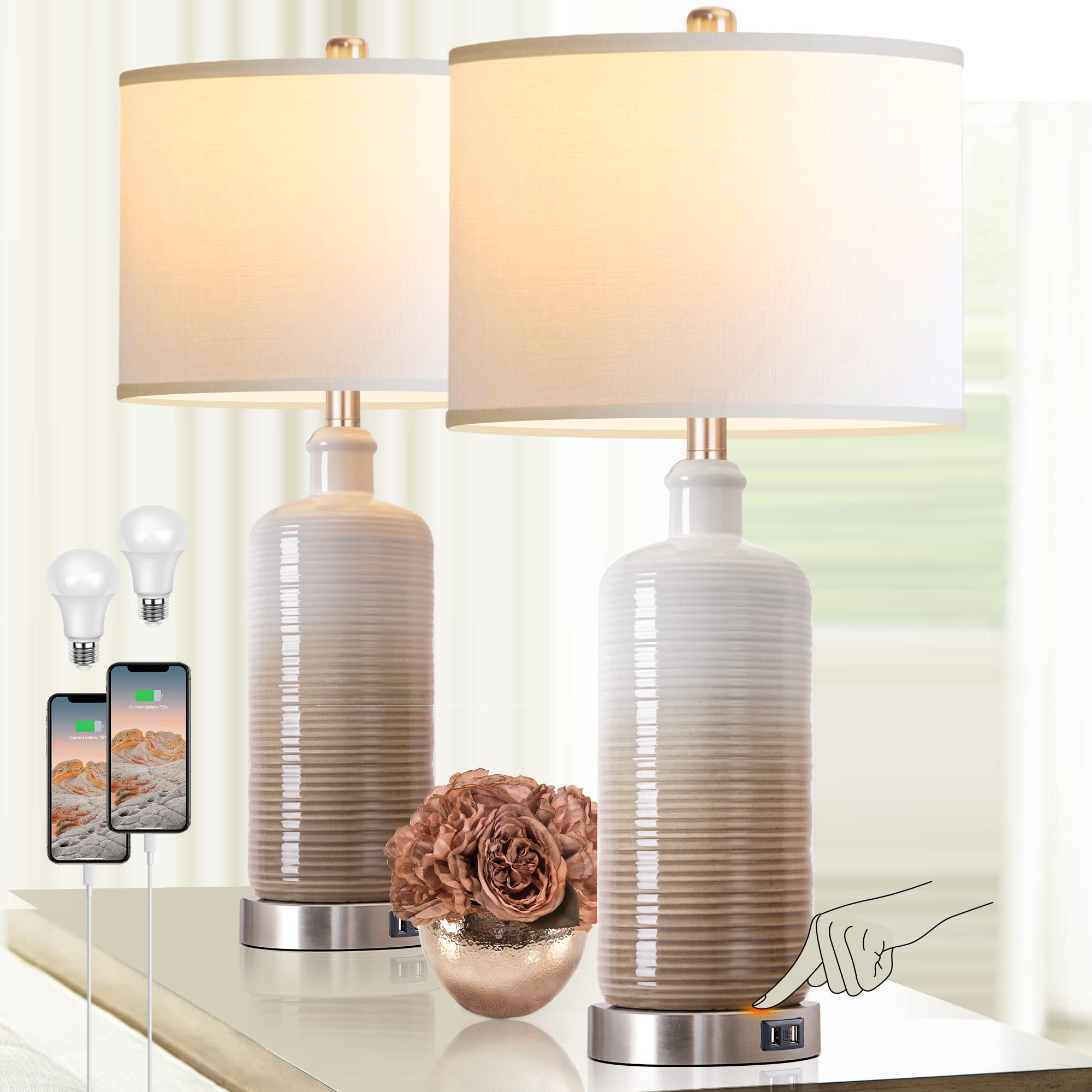 Modern Ceramic Table Lamps Set of 2 with Dual USB Charging Ports - 3-Way Dimmable Touch Control Bedside Nightstand Lamps for Bedroom & Living Room - White Linen Drum Shade with Included LED Bulbs - Perfect for Reading, Relaxing & Charging Devices