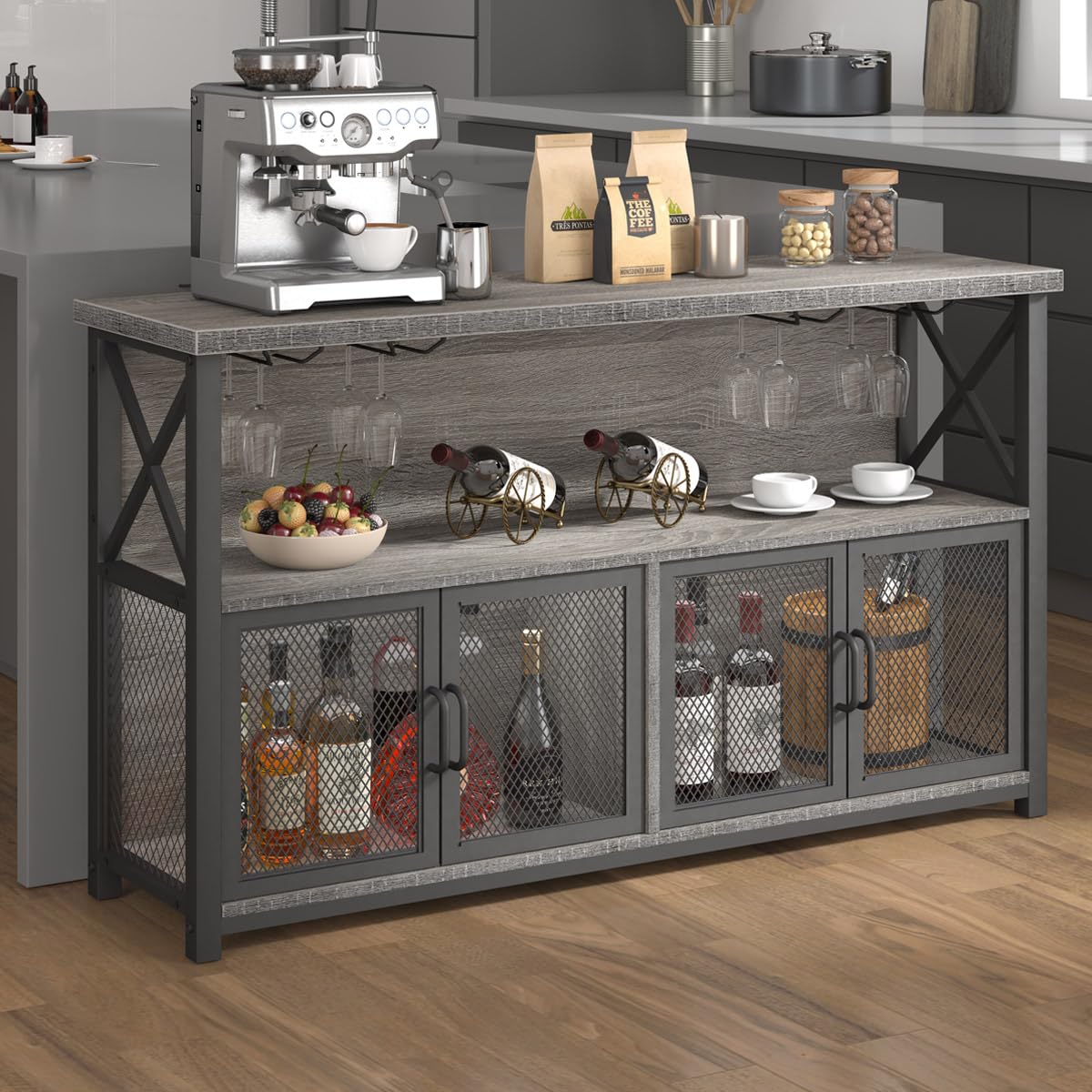 LVB Industrial Farmhouse Coffee Bar Cabinet with Wine Rack Storage - Modern Sideboard Buffet for Liquor, Glasses & Kitchen Essentials - Light Grey Oak 47 Inch for Dining Room, Living Room & Home Bar Decor