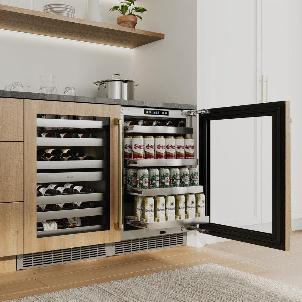 ZLINE Autograph Edition 24 Inch Built-In Beverage Refrigerator - Touchstone 151 Can Capacity, Panel Ready Glass Door with Champagne Bronze Handle (RBSPOZ 24 CB) - Perfect for Home Bar, Kitchen, or Office Drink Storage