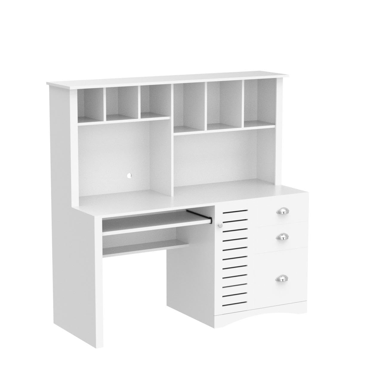Holaki Wooden Computer Desk with Drawers & Bookshelf - Space Saving Executive Desk for Home Office, Study, or Dorm Room - Includes Keyboard Tray & Hutch in Antiqued White Finish - Perfect for Students, Teens, and Small Spaces
