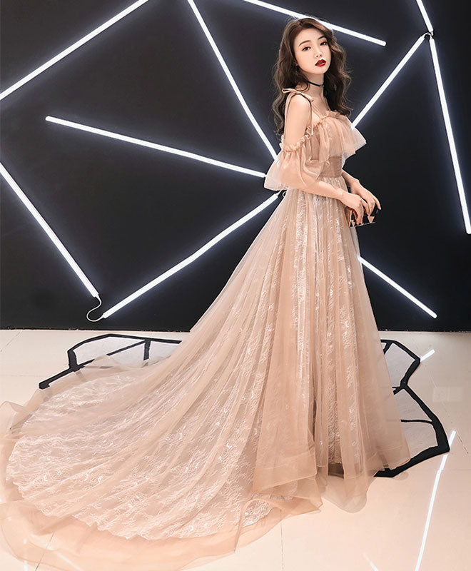 Elegant Champagne Tulle Lace Long Prom Dress for Women - Formal Evening Gown for Homecoming, Wedding, Quinceañera & Special Occasions
