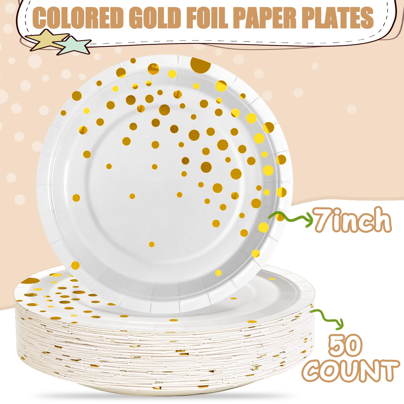 Elegant White and Gold 7-Inch Disposable Dessert Plates (50-Pack) - Gold Dot Party Plates for Birthday, Wedding, Engagement, Anniversary Celebrations - Perfect for Cake Serving, Dessert Tables, and Elegant Party Decorations