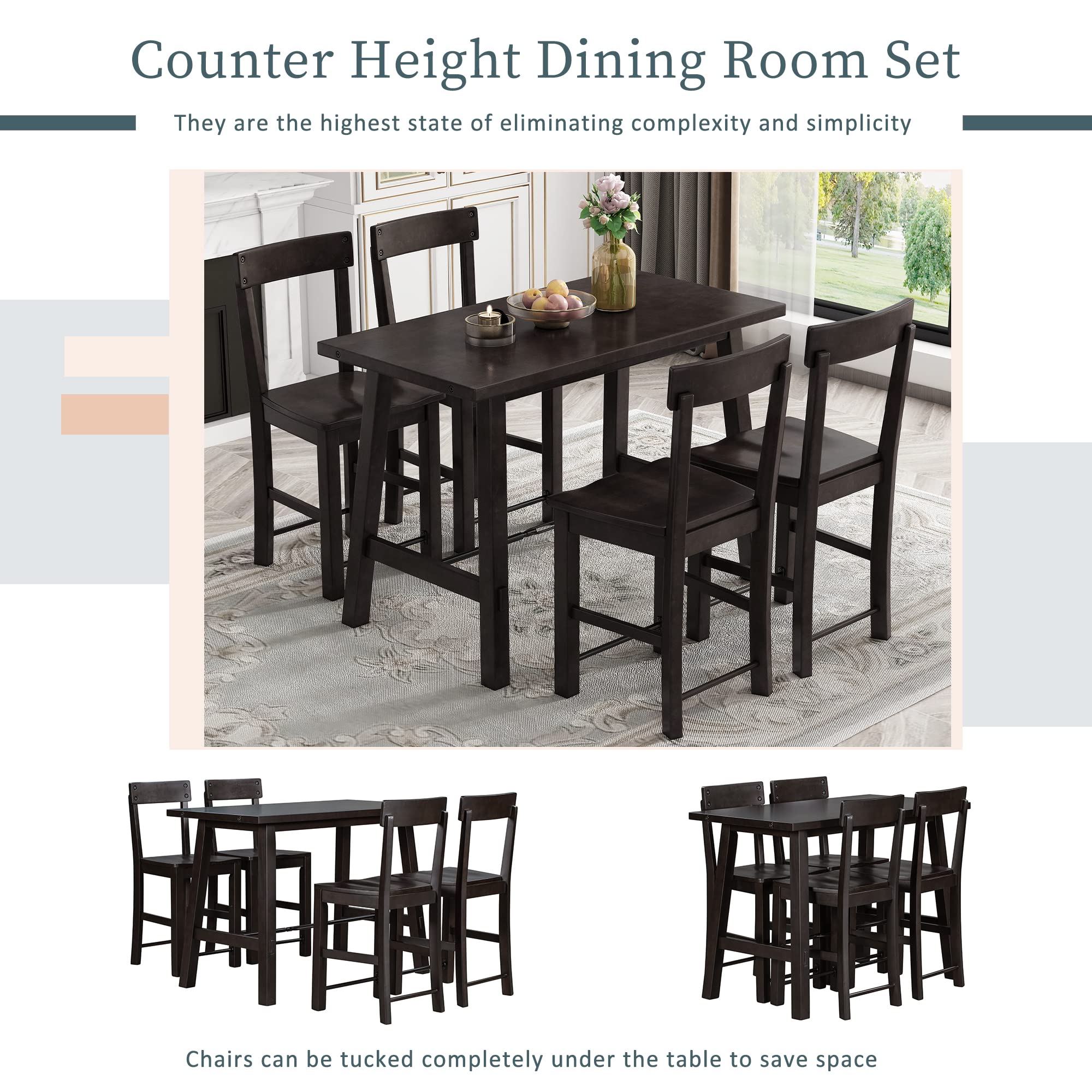 Farmhouse 5-Piece Counter Height Dining Set - Industrial Solid Wood & Metal Kitchen Table with 4 High Back Chairs - Space Saving Design (Espresso) - Perfect for Small Kitchens, Breakfast Nooks & Modern Farmhouse Dining Rooms