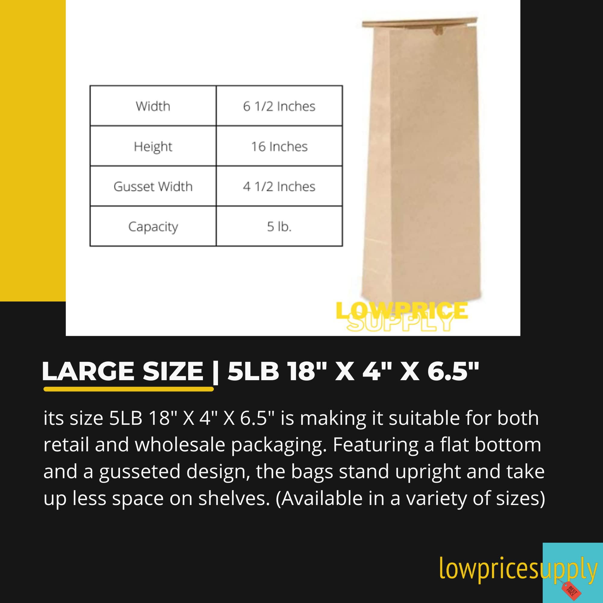 100 Pack 5lb Kraft Tin Tie Coffee Bags 6.5x4x18 Inch - Resealable Stand Up Bags for Coffee, Food Storage, Cookies & Snacks | Ideal for Home, Cafe & Bulk Food Packaging