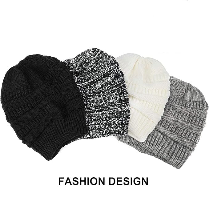 Soft Stretch Cable Knit Beanie Hat for Women & Girls - Warm Winter Ponytail Cap with Messy High Bun Hole - Cozy & Stylish for Outdoor Activities, Snow Days & Casual Wear