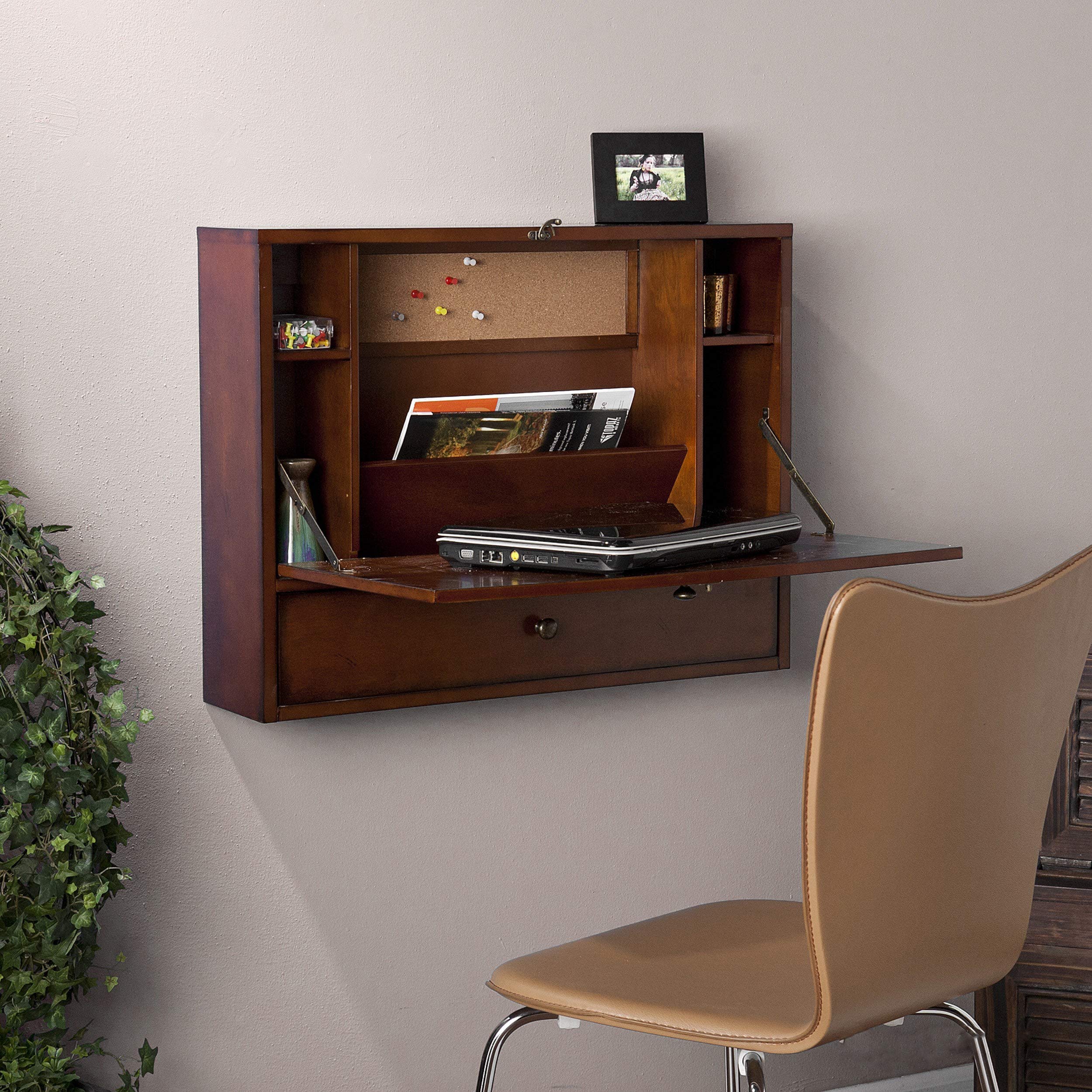 Brown Mahogany Wall-Mounted Laptop Desk with Drawers - Black, Blue, Gold, Green, Purple, Silver, White - MDF Wood & Metal Veneer Finish - Space-Saving Home Office & Small Apartment Workstation
