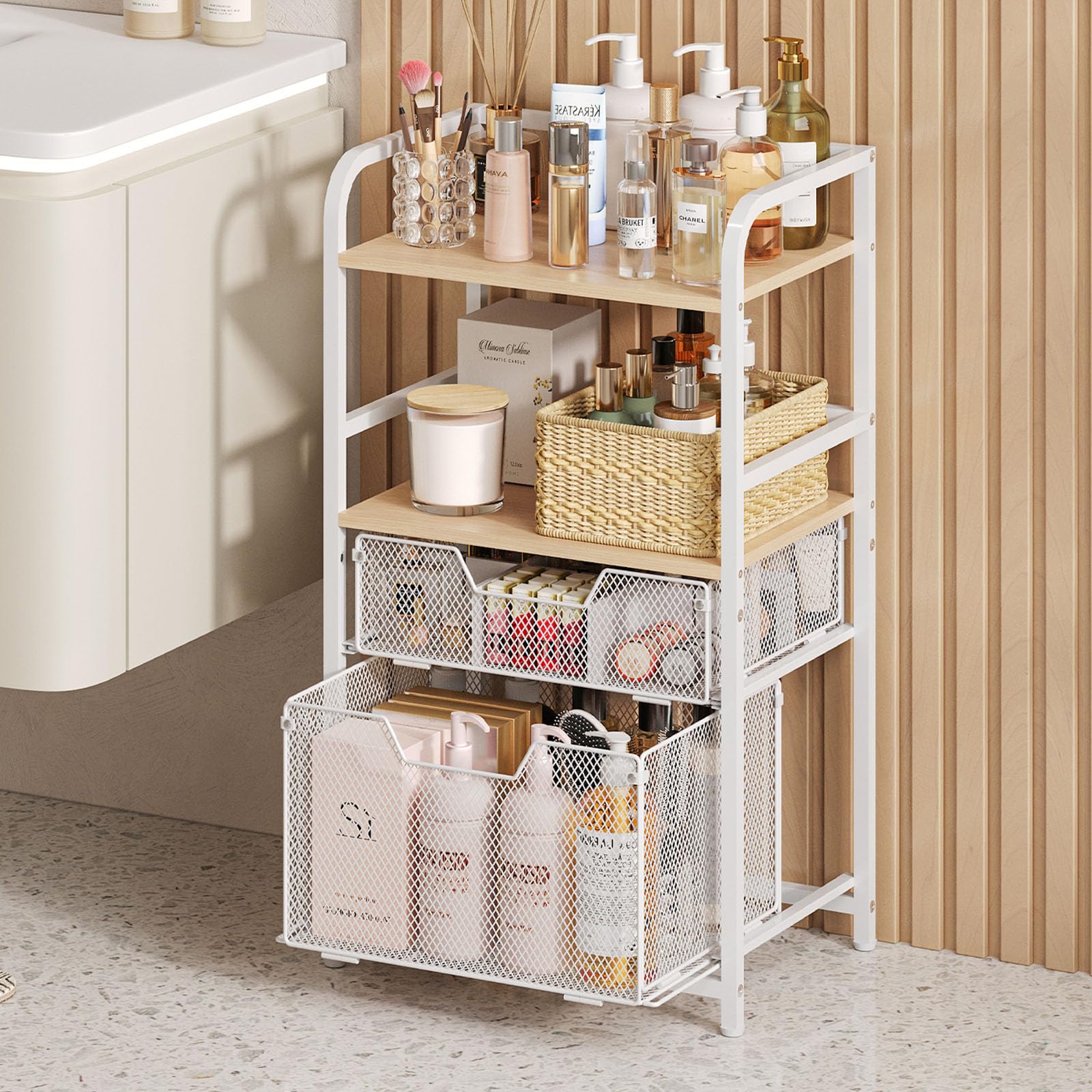 White Freestanding Bathroom Floor Storage Shelf with Drawer - Towel Rack & Makeup Organizer for Skincare, Bedroom, Living Room & Laundry - Perfect for Small Space Organization & Bathroom Decor