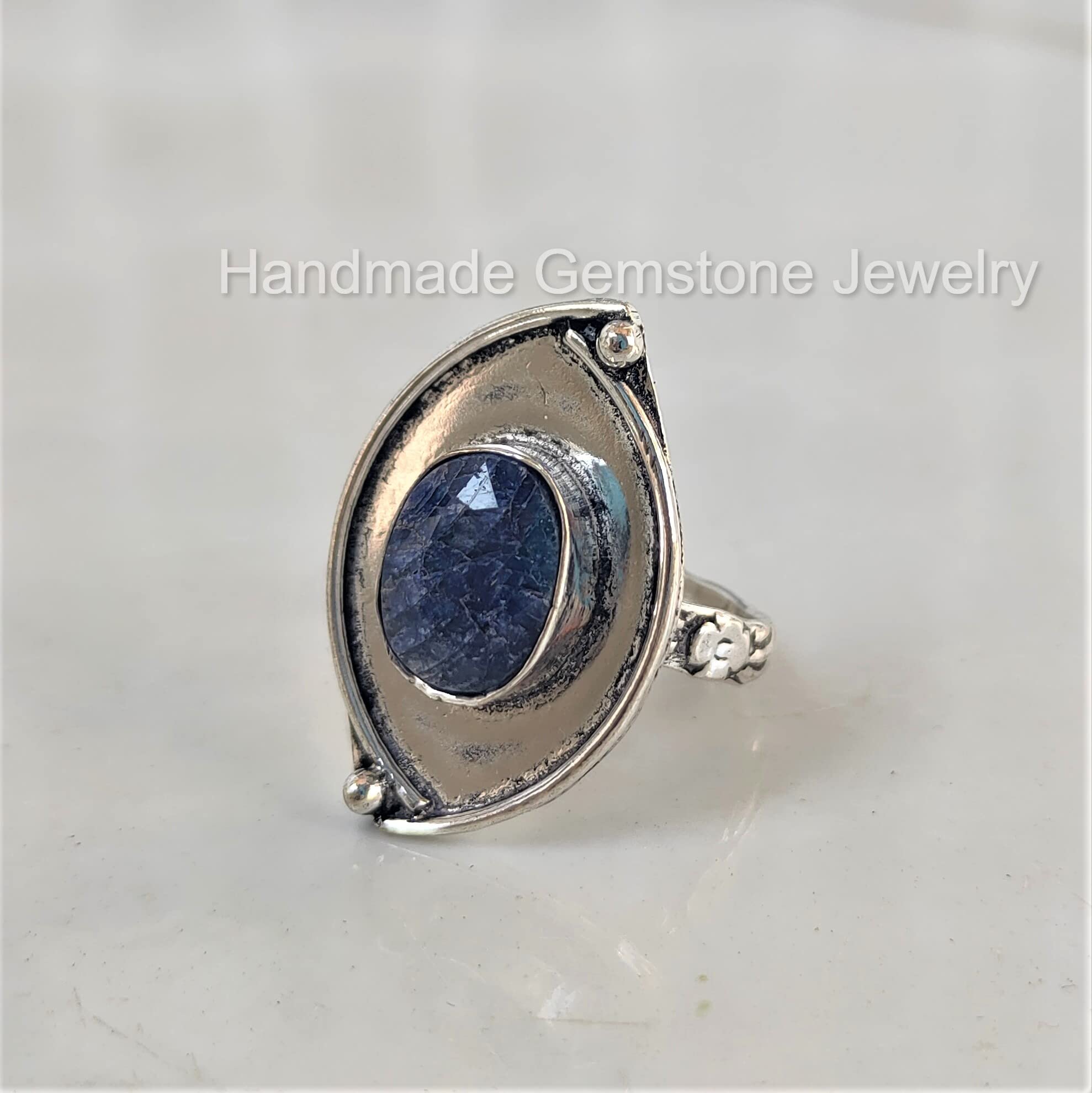 Exquisite Oval Sapphire Ring – Designer Wedding Band with Raw Blue Stone, September Birthstone Jewelry | Unique Marquise Design for Unisex Promise Rings & Special Occasions