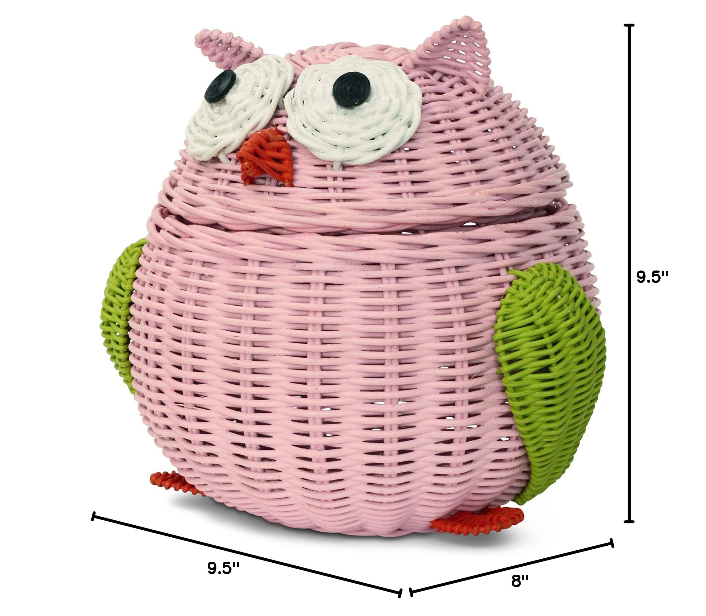 Owl Rattan Storage Basket with Lid - Hand Woven Decorative Bin for Home & Nursery Organization - Large Pink Wicker Hoot Owl Basket for Shelves, Baby Room Decor, and Gift Giving