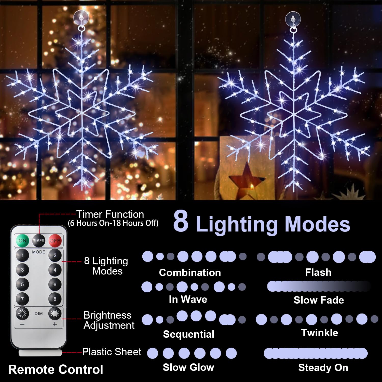 144 LED Cool White Snowflake Window Lights - 12 Inch Christmas Decor with 8 Lighting Modes & Remote Timer | USB Powered Holiday Lights for Home, Xmas Party, Winter Wedding & Indoor/Outdoor Decorations