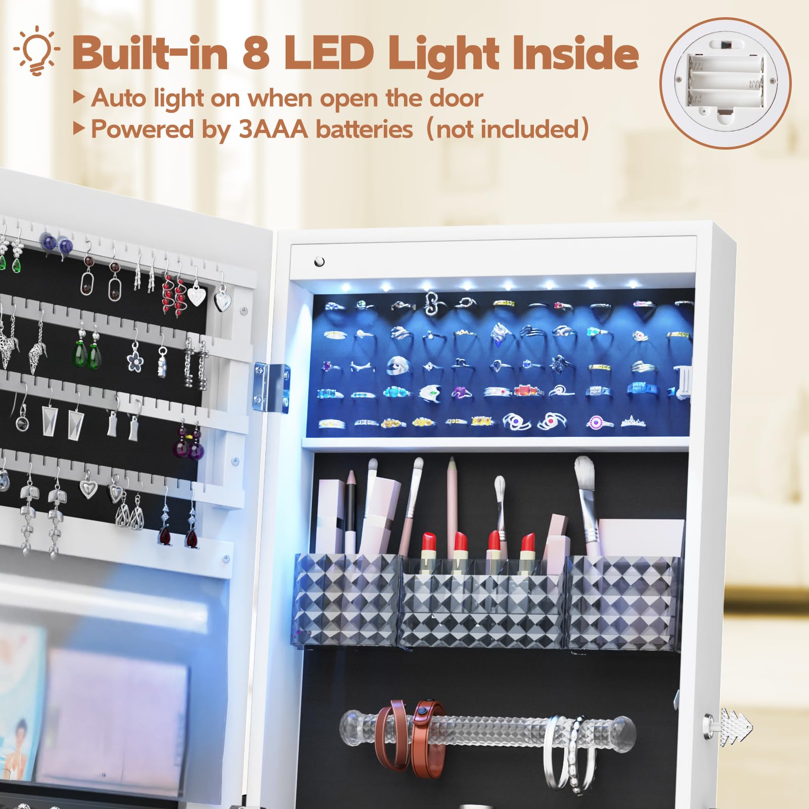 Full Length LED Mirror Jewelry Cabinet with Storage - Lockable Makeup Armoire with 2 Drawers, Large Cosmetic Organizer for Bedroom & Bathroom (White) - Perfect for Vanity, Dressing Room & Closet Organization
