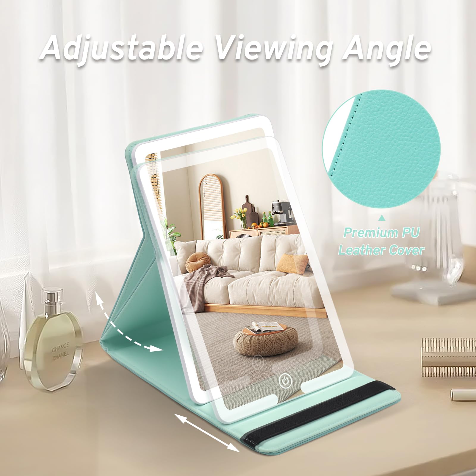 LED Travel Makeup Mirror with 3 Lighting Modes - Rechargeable Folding Vanity Mirror with Touch Screen & Dimmable Lights | Portable PU Leather Compact Mirror for Home, Travel & Professional Makeup Application | Perfect for Hotels, Airbnb, Dorm Rooms & Beauty On-The-Go