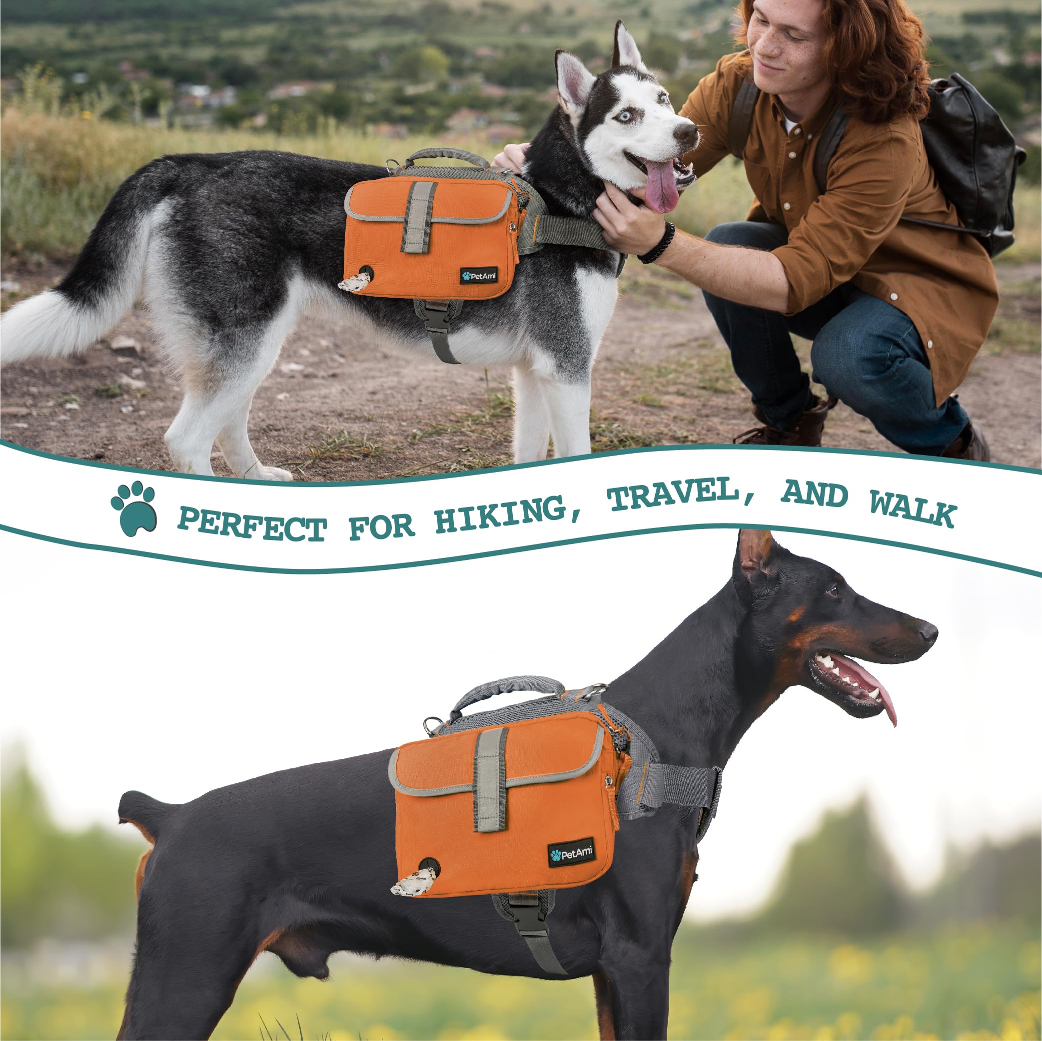PetAmi Dog Backpack for Medium & Large Dogs - Adjustable Saddle Bag Carrier with Reflective Safety Pockets - Perfect for Hiking, Camping & Travel (Orange, Medium) - Ideal for Outdoor Adventures & Daily Walks