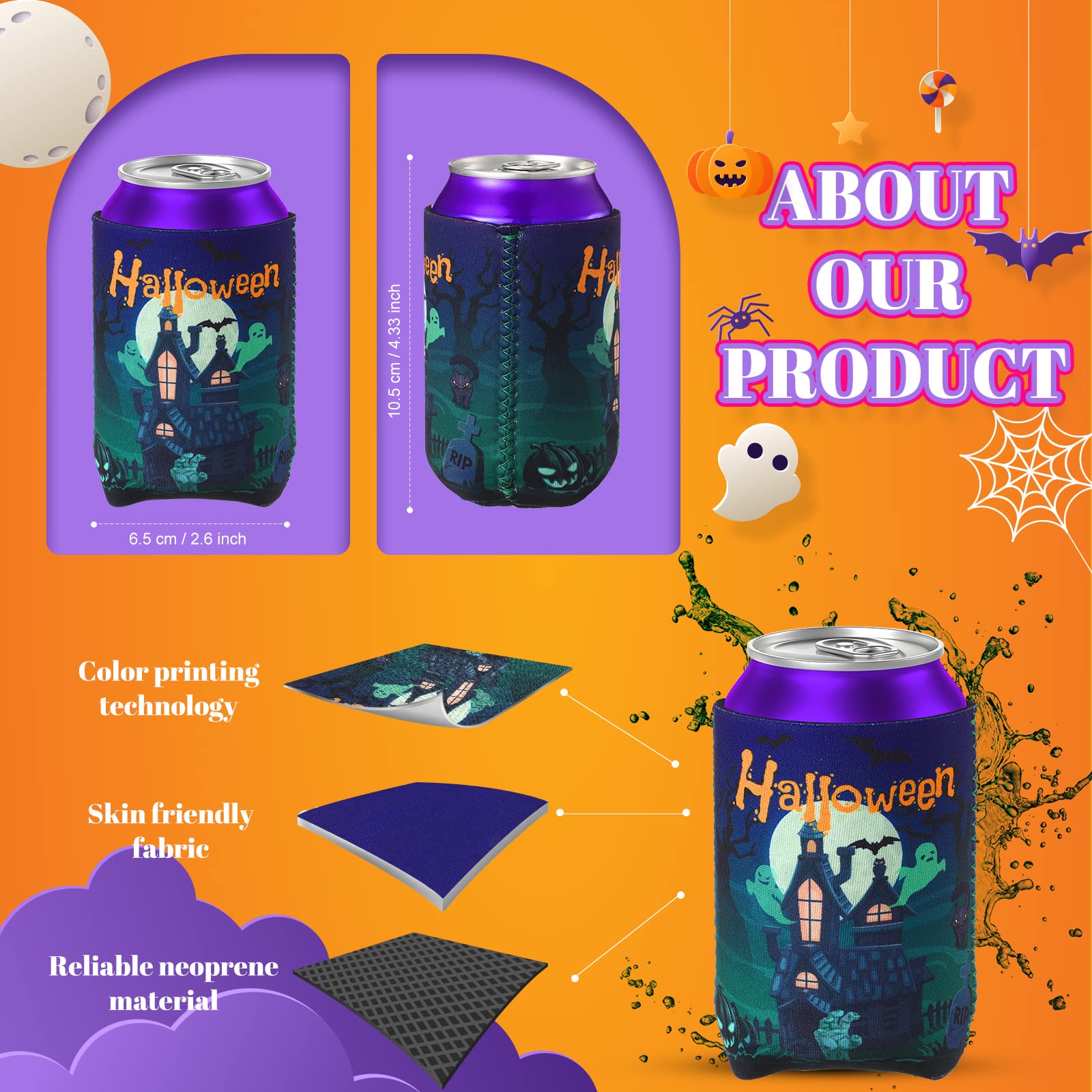 18 Pack Halloween Can Cooler Sleeves - Witch, Pumpkin, Bat, Skull Design - Insulated Beer Bottle Sleeves for Halloween Party Decorations and Outdoor Gatherings