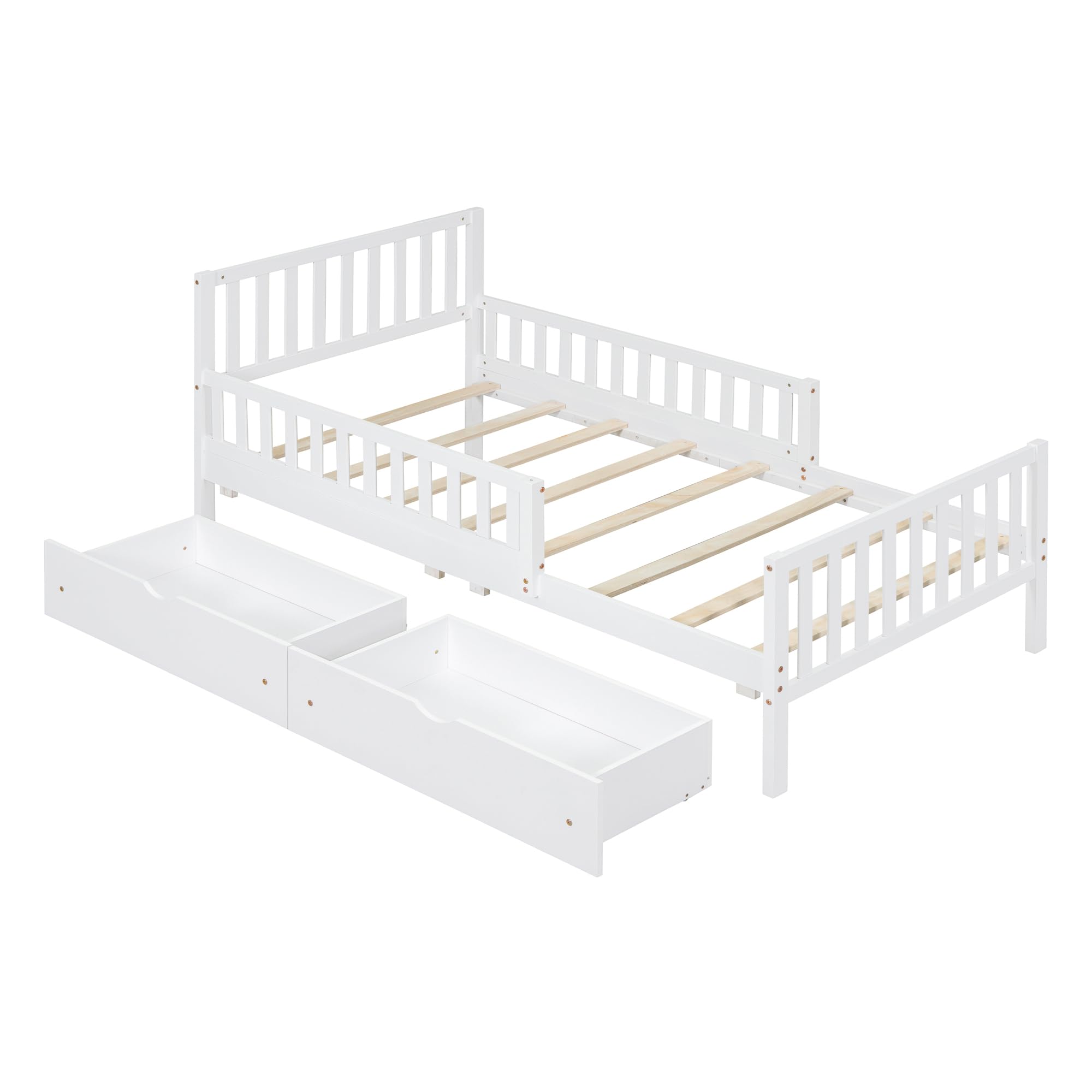White Twin Size Kids Bed with Guardrails - Low Platform Bed Frame with Headboard, Footboard & 2 Storage Drawers - Safe Children's Bed for Boys & Girls - Perfect for Small Bedrooms, Guest Rooms & Kids' Shared Spaces
