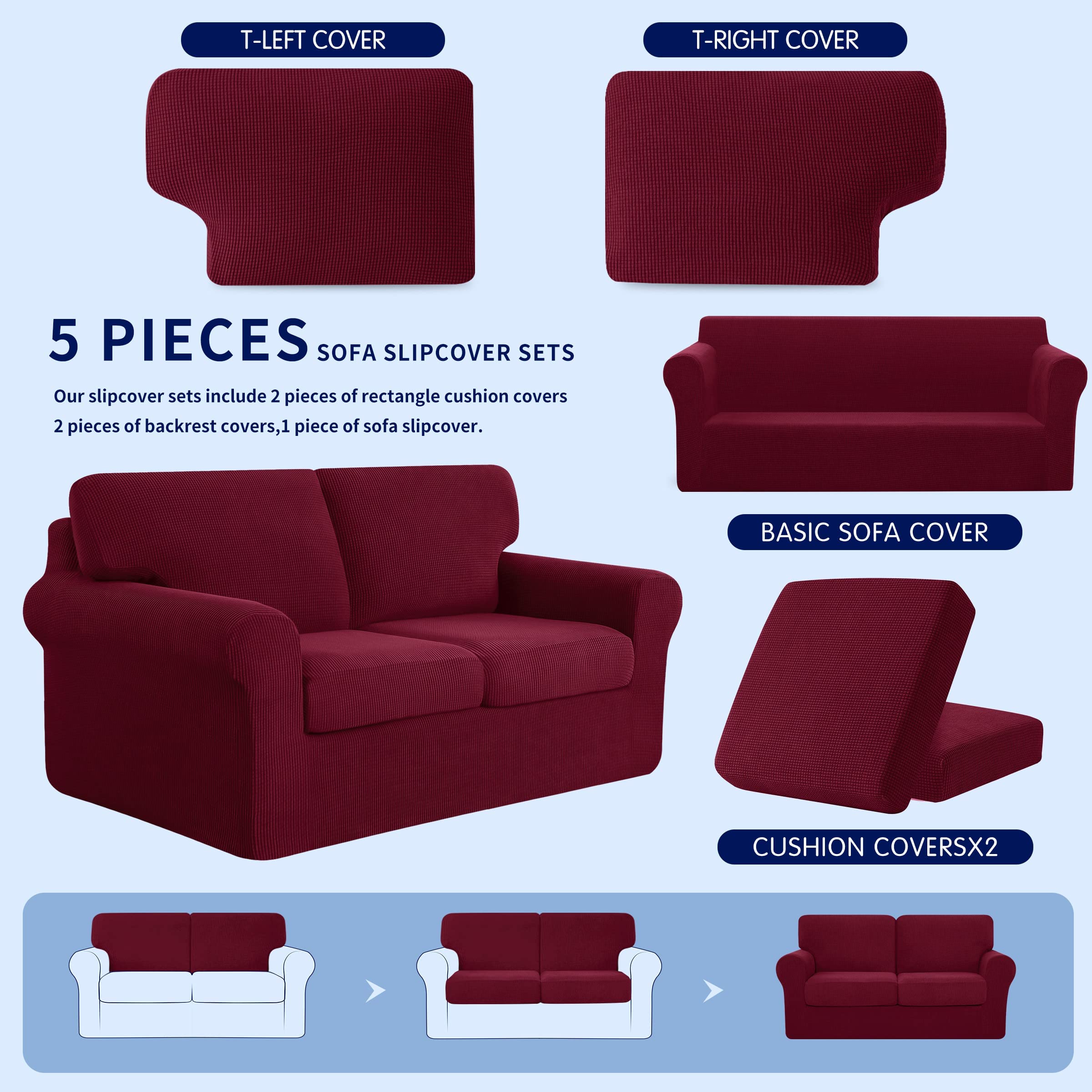 SUBRTEX 5-Piece Loveseat Cover & 7-Piece Sofa Cover Set - Stretchable Couch Slipcovers with Separate Backrest & Cushion Covers for Living Room (Medium/Large, Wine Red) - Perfect for Pet Protection, Furniture Refresh & Home Decor Upgrade