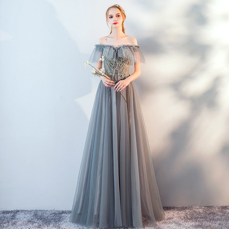 Elegant Off Shoulder Gray Long Prom Dress - A-Line Tulle Formal Evening Gown for Women - Perfect for Homecoming, Wedding Guest, and Special Occasions