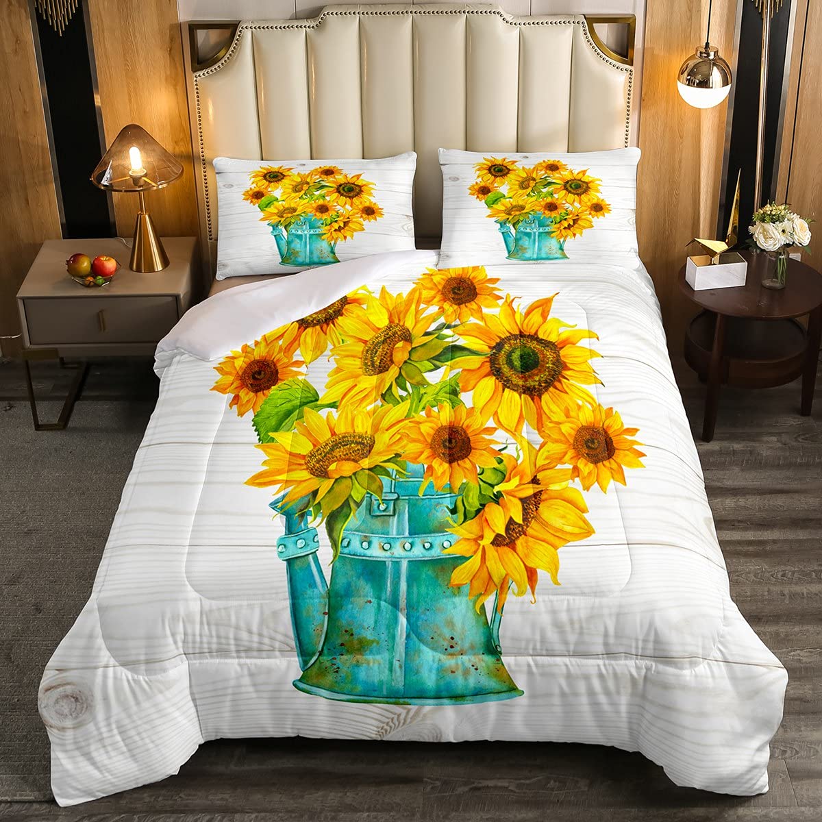 Manfei Sunflower Bedding Set 2-Piece for Kids - Twin Size Botanical Floral Duvet Cover & Pillowcase Set | Soft Polyester Quilted Comforter with Blue Kettle Print | Perfect for Boys & Girls Bedroom Decor, Nursery, Dorm Room