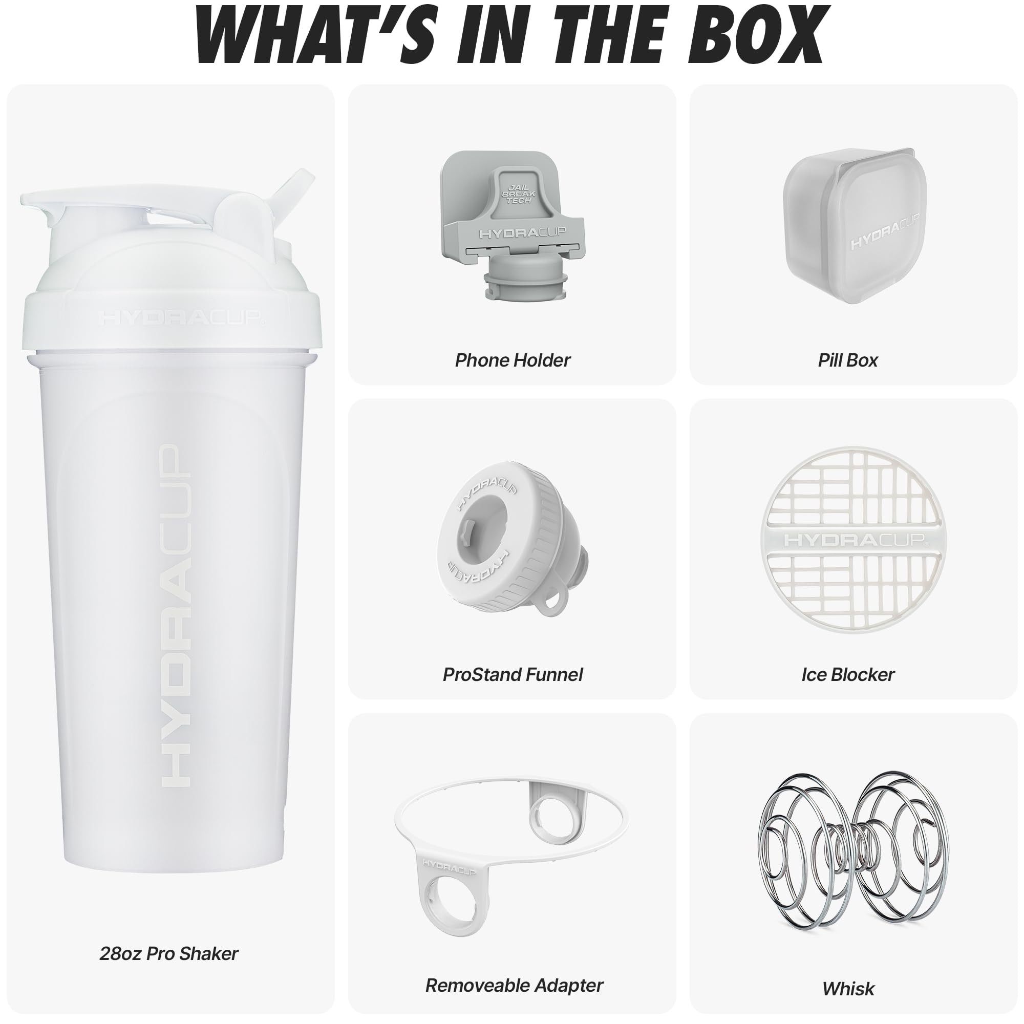 **28 oz Hydra Cup JailBreak Shaker Bottle for Protein Shakes & Smoothies - BPA Free, Leak-Proof with Handle & Blender Ball - Car Phone Holder for Gym, Travel, Workout & On-The-Go (White)**