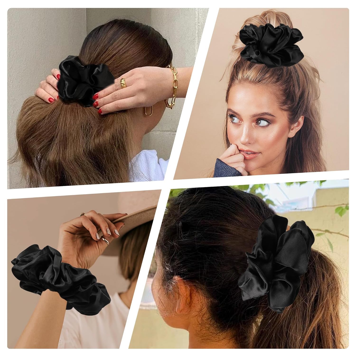 BAKEFY 6-Pack Black Satin Silk Hair Scrunchies - Soft No Damage Hair Ties for Women & Girls, Elastic Ponytail Holders for Sleep, Workout, and Everyday Use