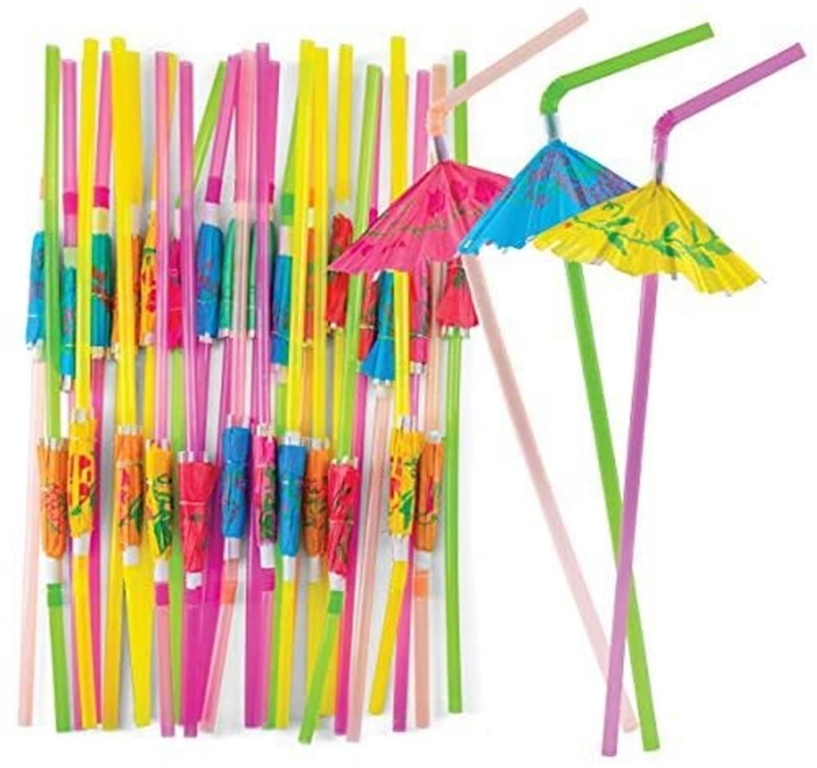 20PCS Colorful Bendable Plastic Drinking Straws with Mini Paper Umbrellas - Disposable Cocktail Straws for Hawaiian Beach Party, Tropical Drinks & Summer Decorations - Perfect for Margaritas, Smoothies & Poolside Cocktails