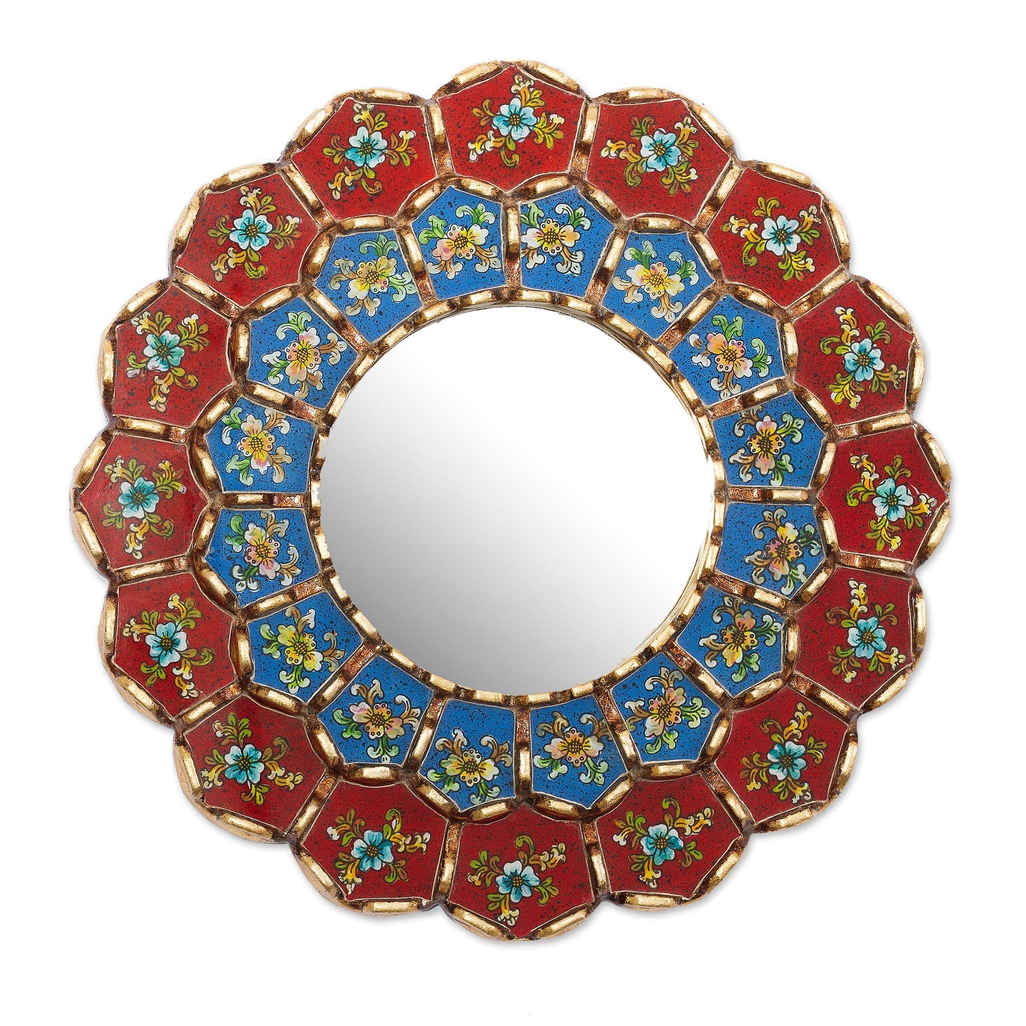NOVICA Handmade Reverse Painted Glass Wall Mirror with Floral Design - Multicolor Wood Frame (11.75x11.75 Inches) - Peruvian Home Decor for Living Room, Bedroom & Entryway
