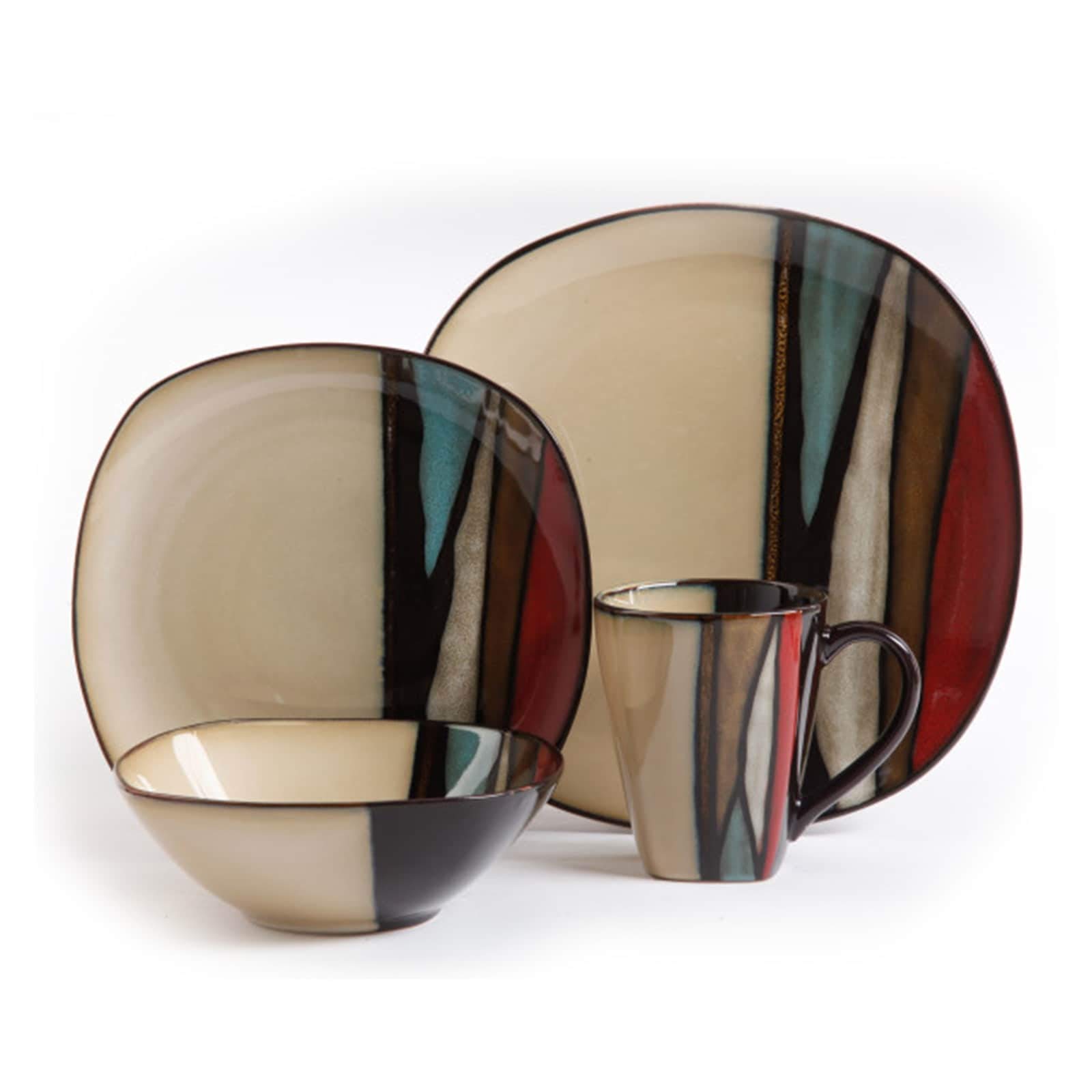 16-Piece Stoneware Dinnerware Set - Brown Stripe Square Plates & Bowls - Microwave & Dishwasher Safe - Casual Dining, Kitchen Essentials for Everyday Use & Entertaining