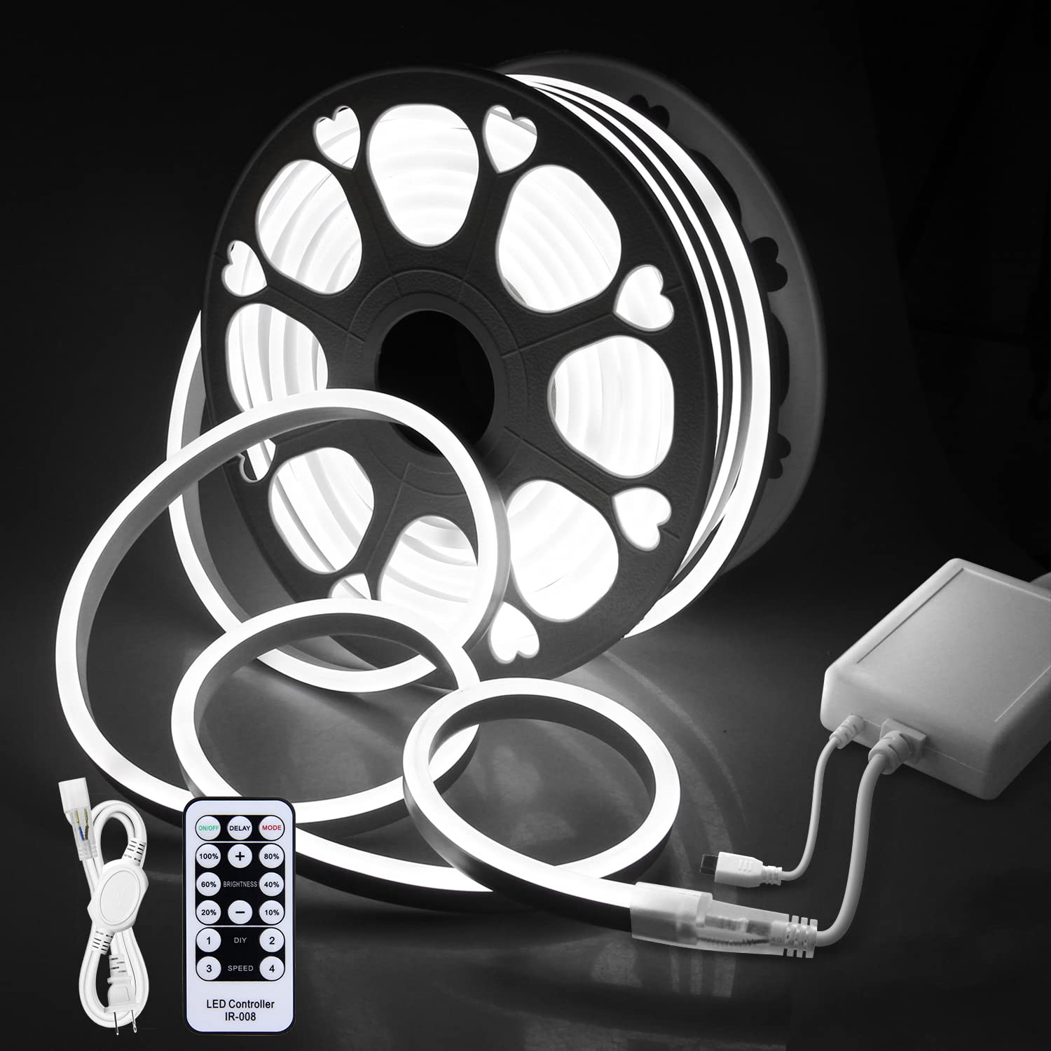Aclorol 82FT LED Neon Rope Lights - Waterproof Outdoor Flexible Neon Strip Lights 6000K Cool White, 100V-120V AC, Dimmable with Controller, 120 LEDs/M, 25M for Garden, Pool, Party, Wedding & Commercial Decoration