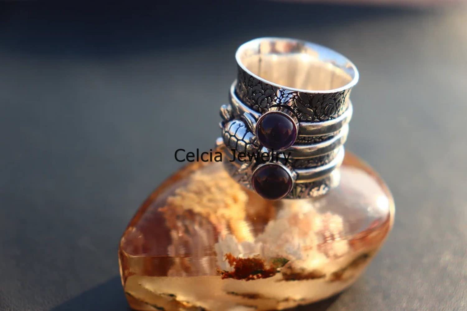 Amethyst Round Gemstone Turtle Spinner Ring - Handmade Meditation Spinning Ring for Stress Relief, Unique Animal Jewelry Gift for Women Men (February Birthstone, Size 7) - Perfect for Yoga, Mindfulness & Spiritual Healing