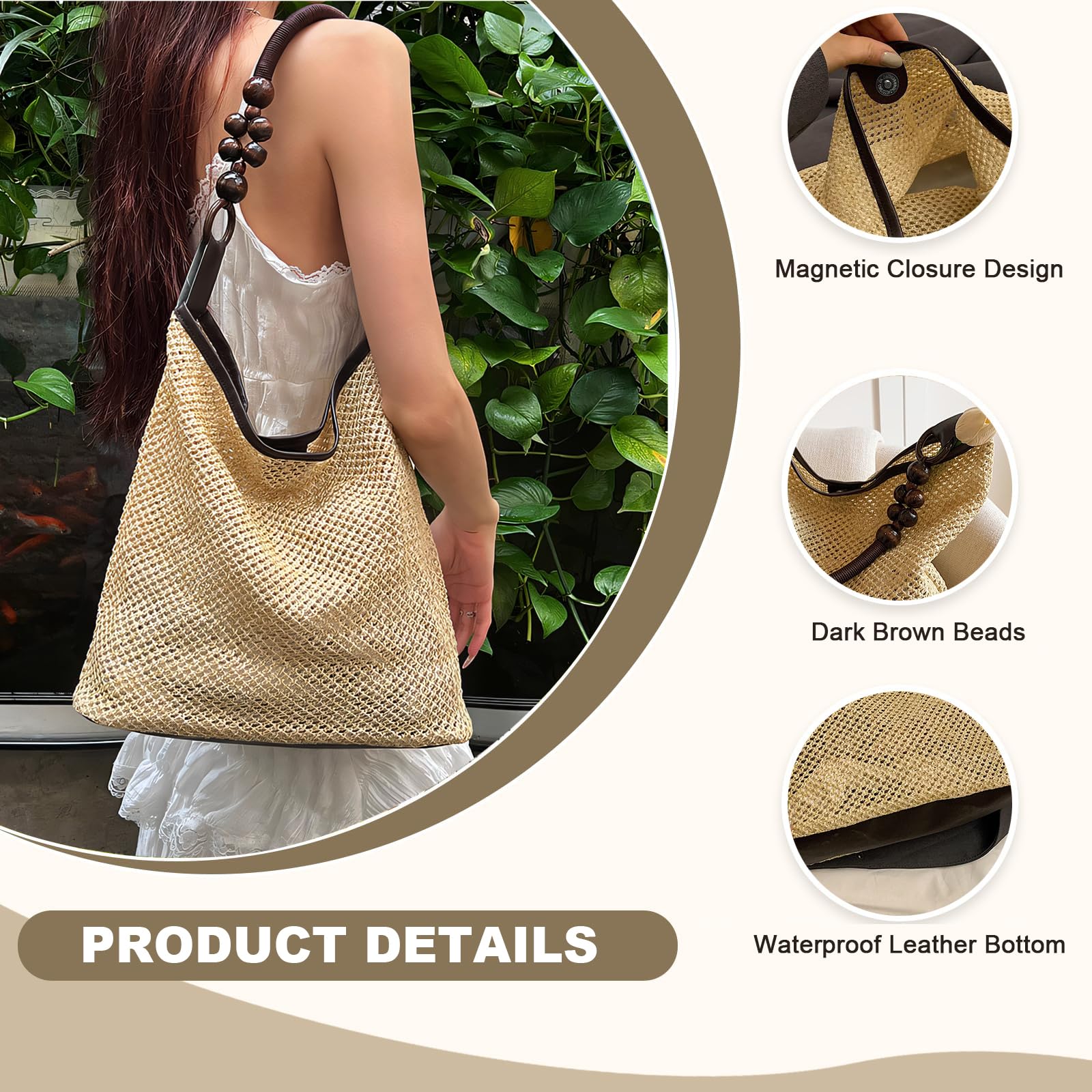 Large Straw Woven Tote Bag for Women - Beach Vacation Travel Handbag with Mesh Shoulder Strap | Perfect for Summer Outings, Pool Parties & Tropical Getaways