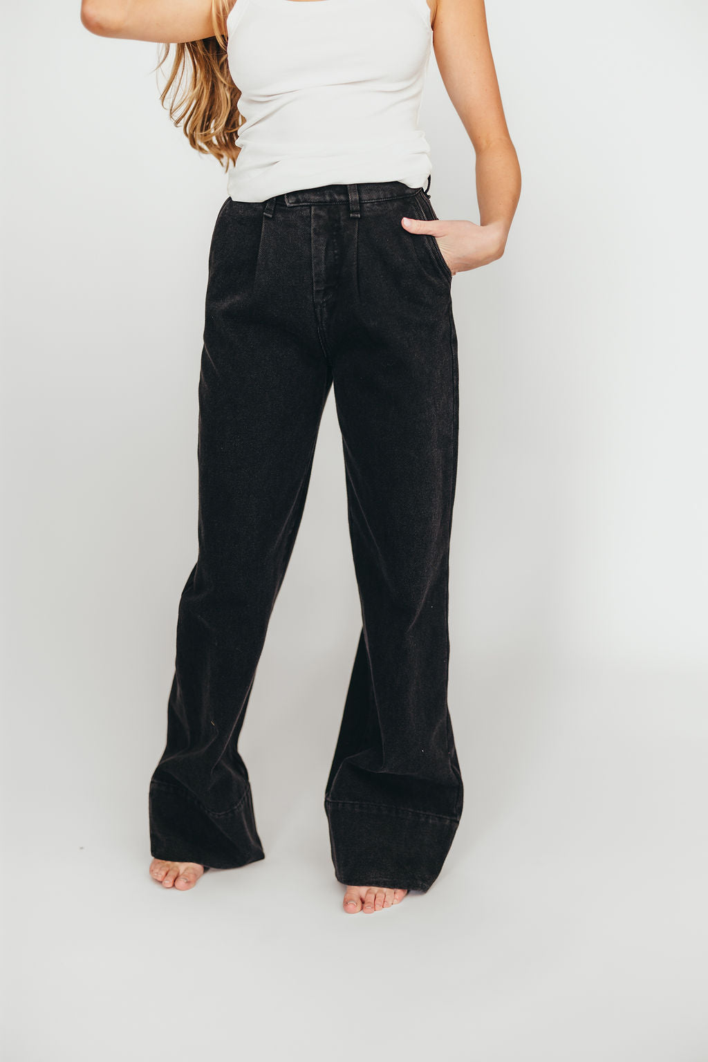 Anna High Rise Pleated Palazzo Pants for Women - Washed Black Wide Leg Trousers | Office Wear, Casual Outfits & Special Occasions