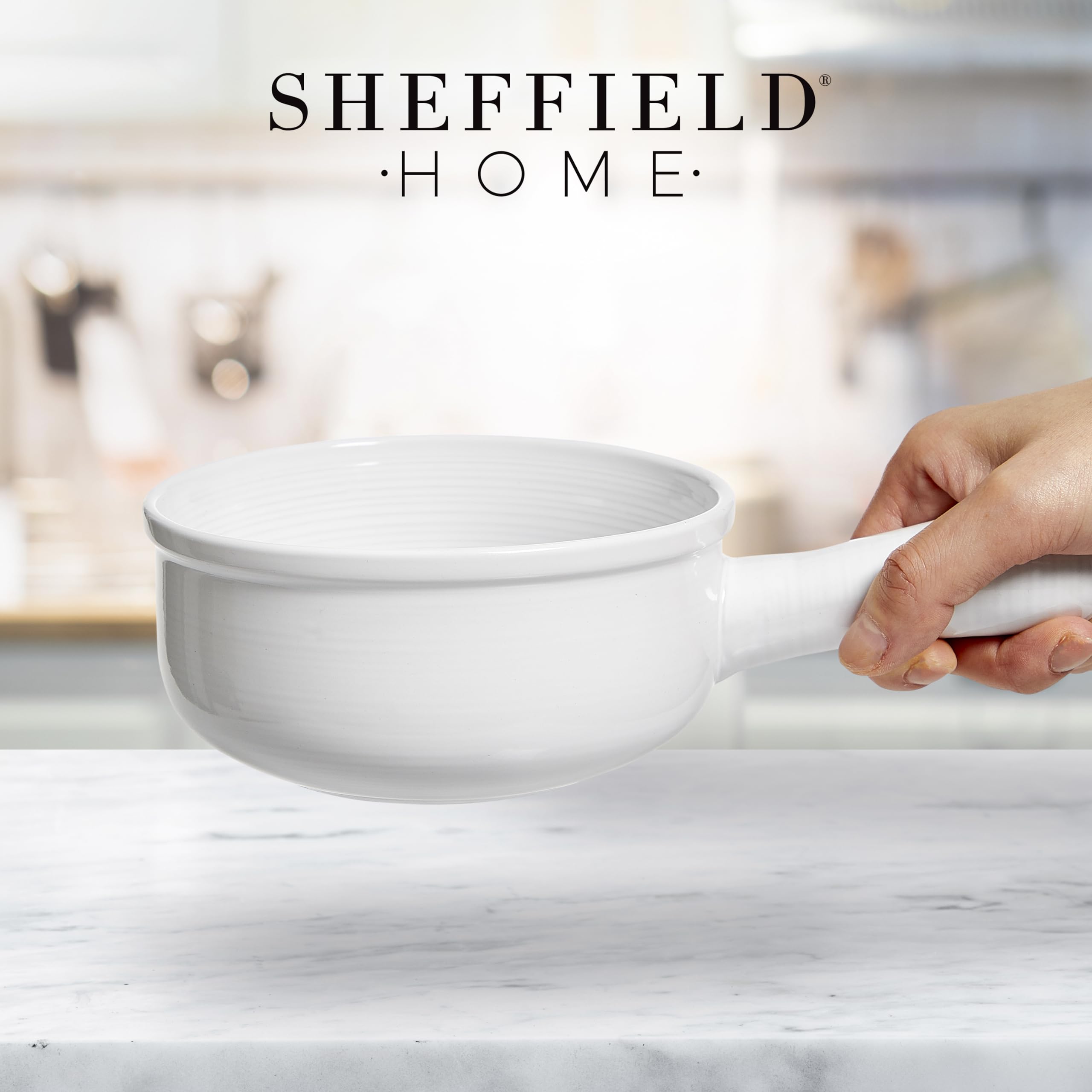 Sheffield Home French Onion Soup Crocks Set of 4 - 15oz Ceramic Bowls with Large Handles, Microwave, Oven & Dishwasher Safe - White - Perfect for French Onion Soup, Stews, Chili & Baking