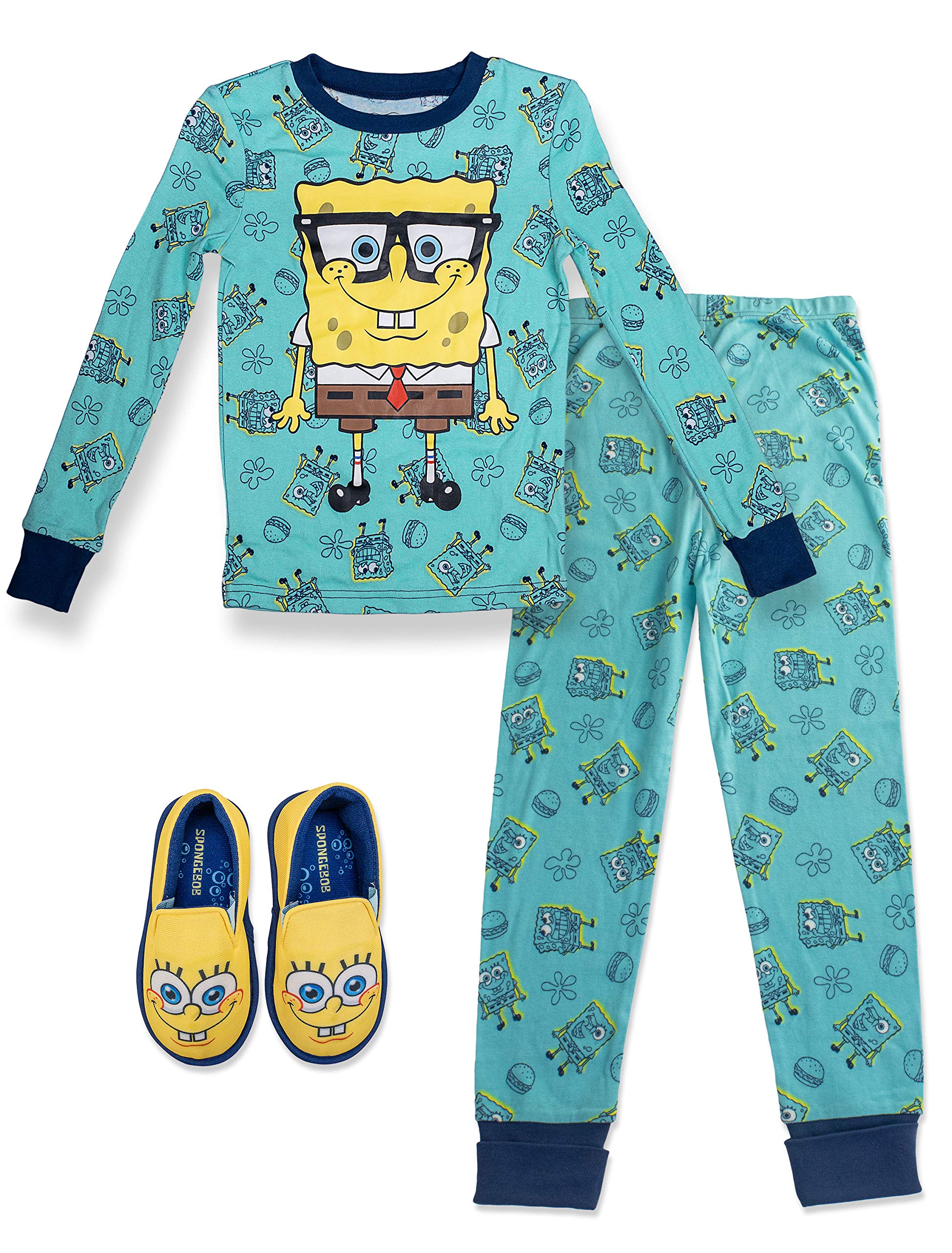 SpongeBob SquarePants Boys' 2-Piece Pajama Set with Slippers - 100% Cotton Soft Sleepwear, Blue, Size 4-6 - Perfect for Bedtime, Sleepovers & Cartoon Character Themed Parties