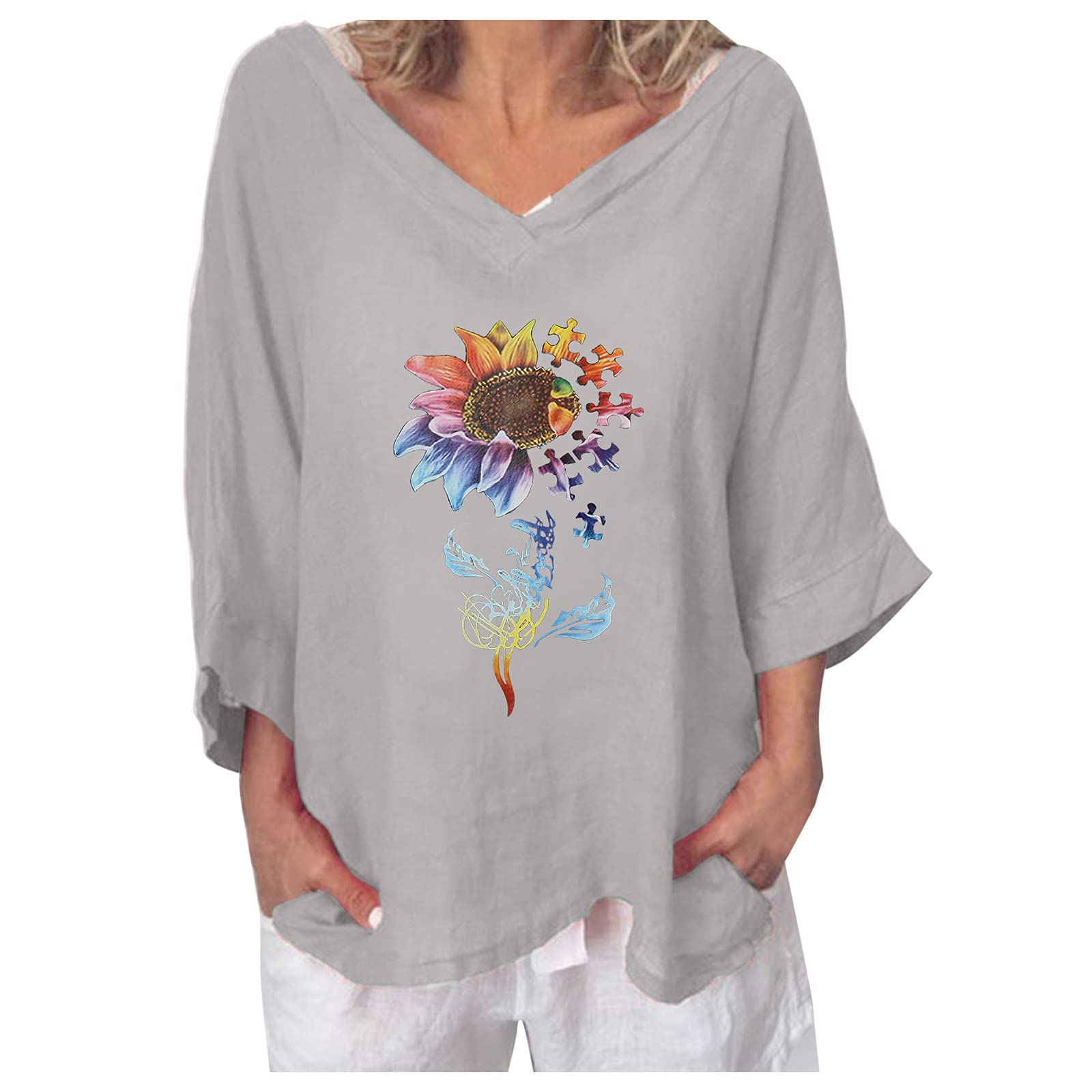 Women's Printed V-Neck Button Cotton Linen Blouse - Loose Fit Casual Short Sleeve T-Shirt & Tee for Work, Date Night & Summer Outfits