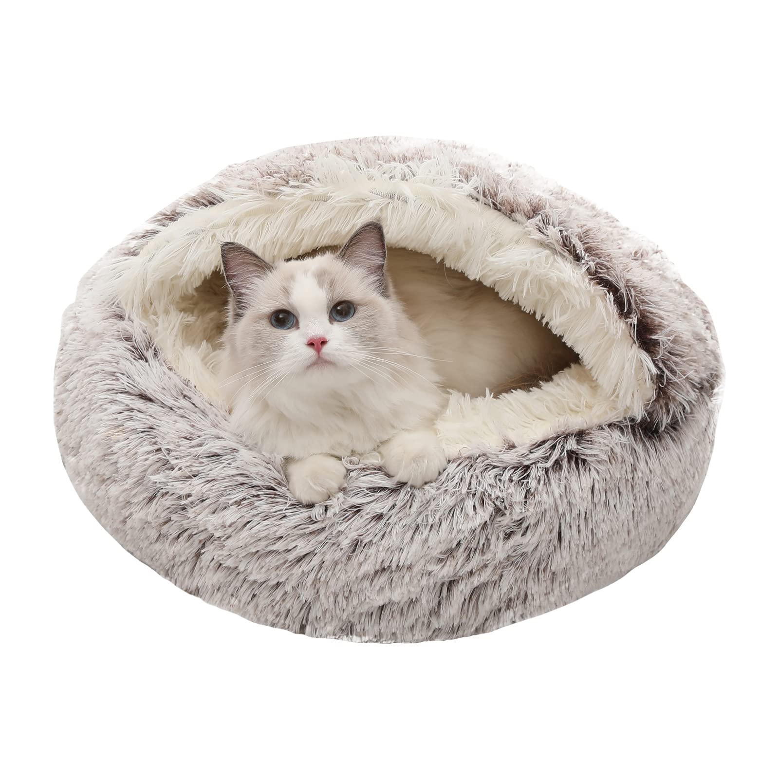 Calming Dog Bed & Cat Cave with Removable Hooded Cover - Washable Round Pet Bed for Small to Medium Pets (15-25 lbs) - Anti-Slip Faux Fur Fluffy Bed for Better Sleep - Perfect for Anxiety Relief & Cozy Napping (20