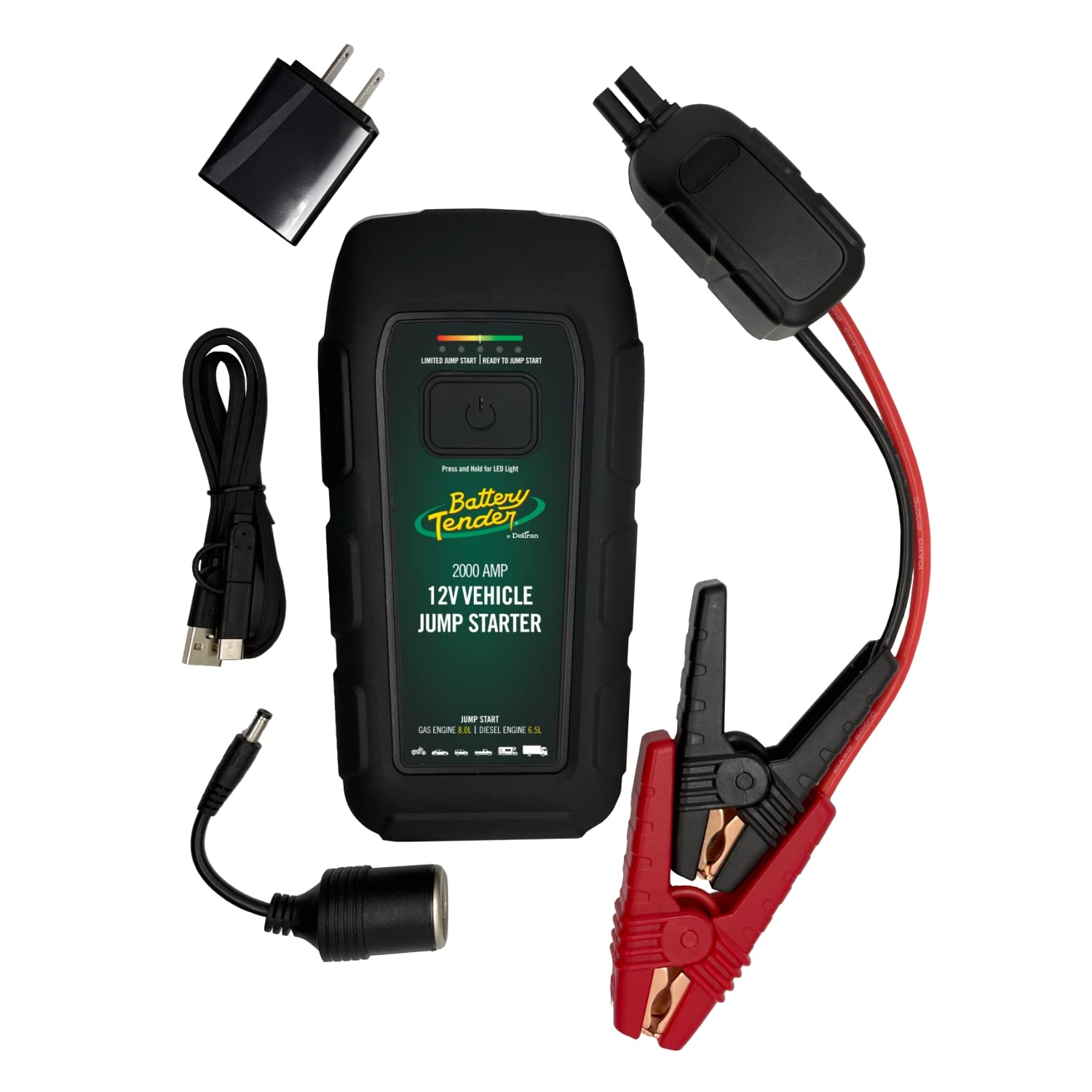 Battery Tender 2000 AMP Lithium Jump Starter - 16000mAh Portable Power Station with LED Flashlight & Emergency Strobe - 3 Fast USB Charging Ports (Model 030-2030-WH) - Perfect for Car Emergency, Camping & Outdoor Power Needs