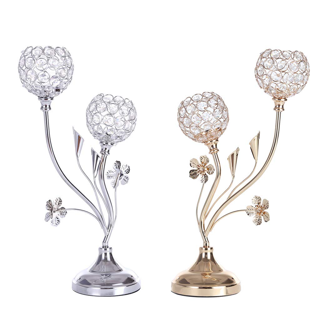 Premium Crystal Candlestick Holders Set - Elegant Gold & Silver Table Lamps for Coffee Table, Dining Room & Living Room Decor | Wedding Party Centerpiece, Valentine's Day & Holiday Decoration (2PC) - Perfect for Romantic Dinners, Home Decor & Special Occasions